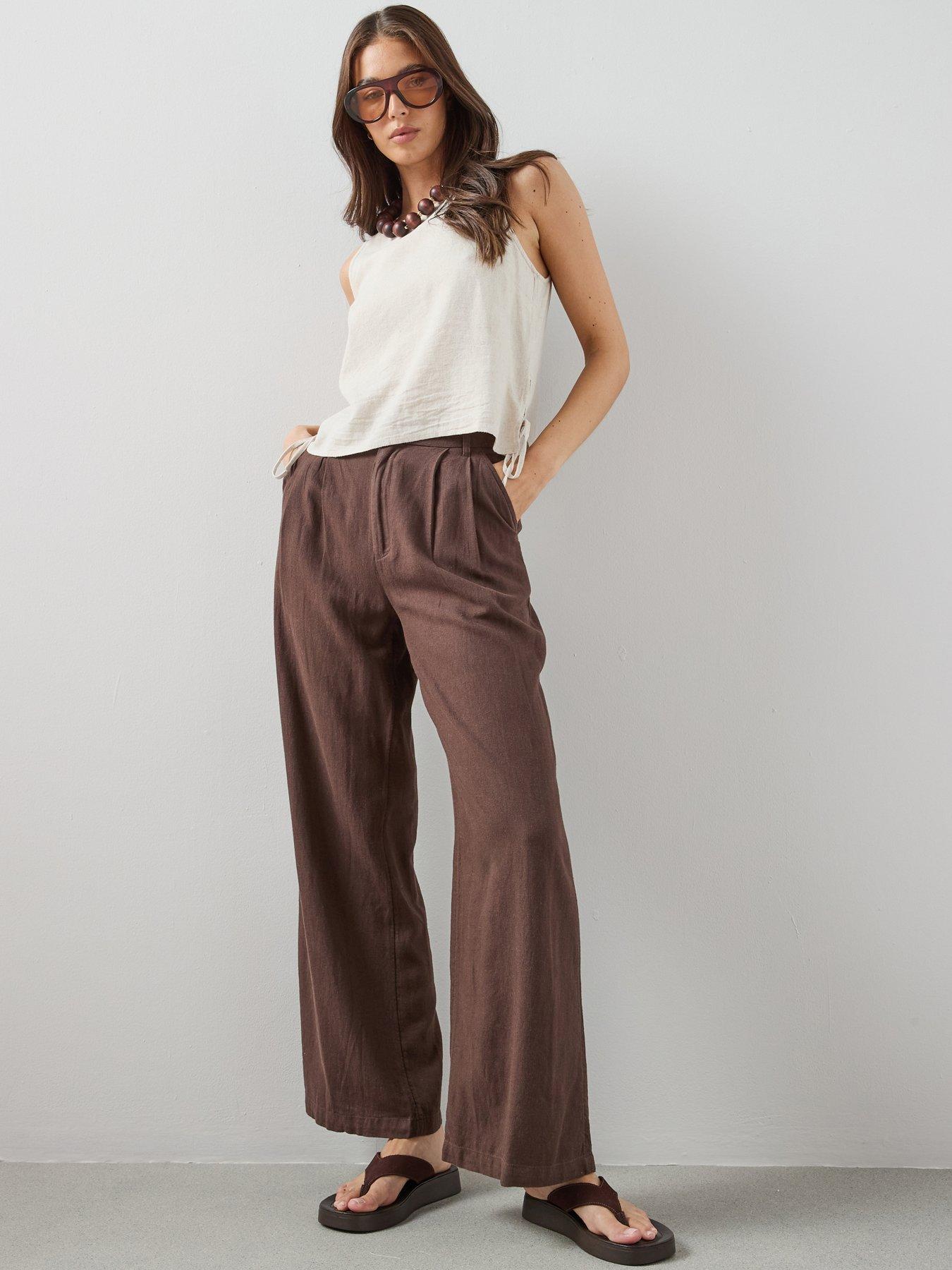 Image 1 of 7 of The Very Collection Wide Leg Linen Tailored Trousers - Brown
