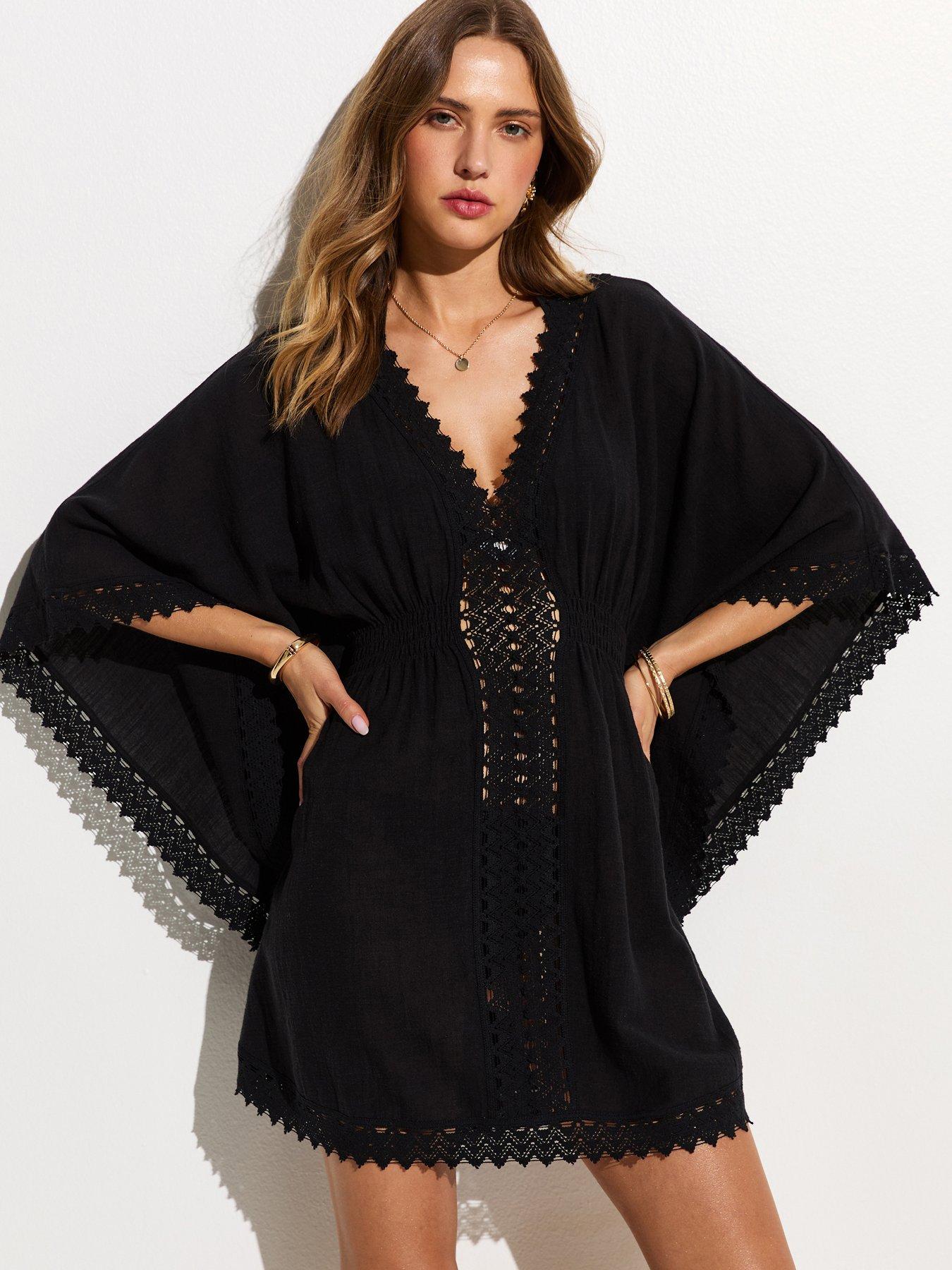 New Look Cotton Crochet Trim Beach Kaftan Dress - Black