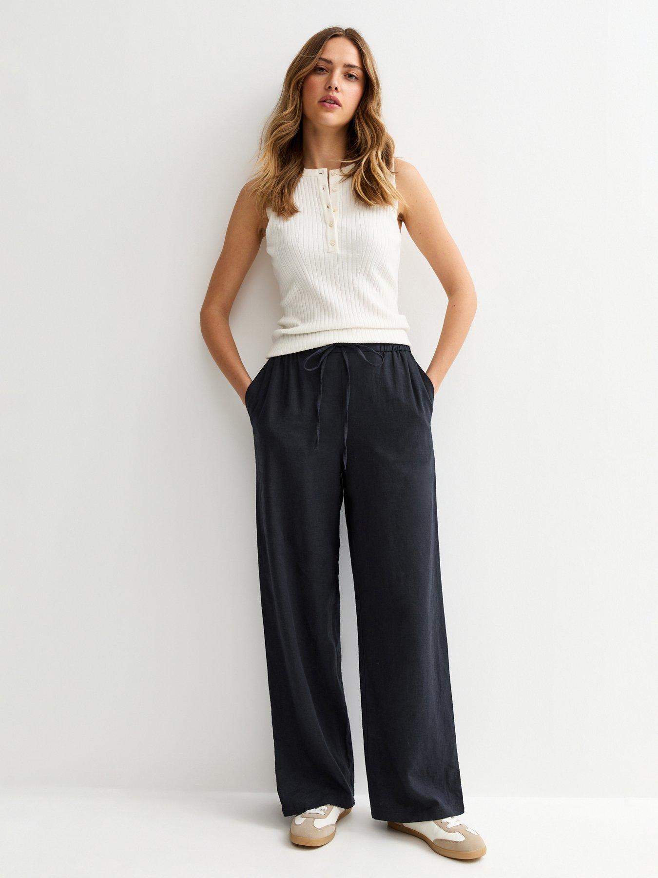 New Look Navy Linen Blend Drawstring Wide Leg Trousers