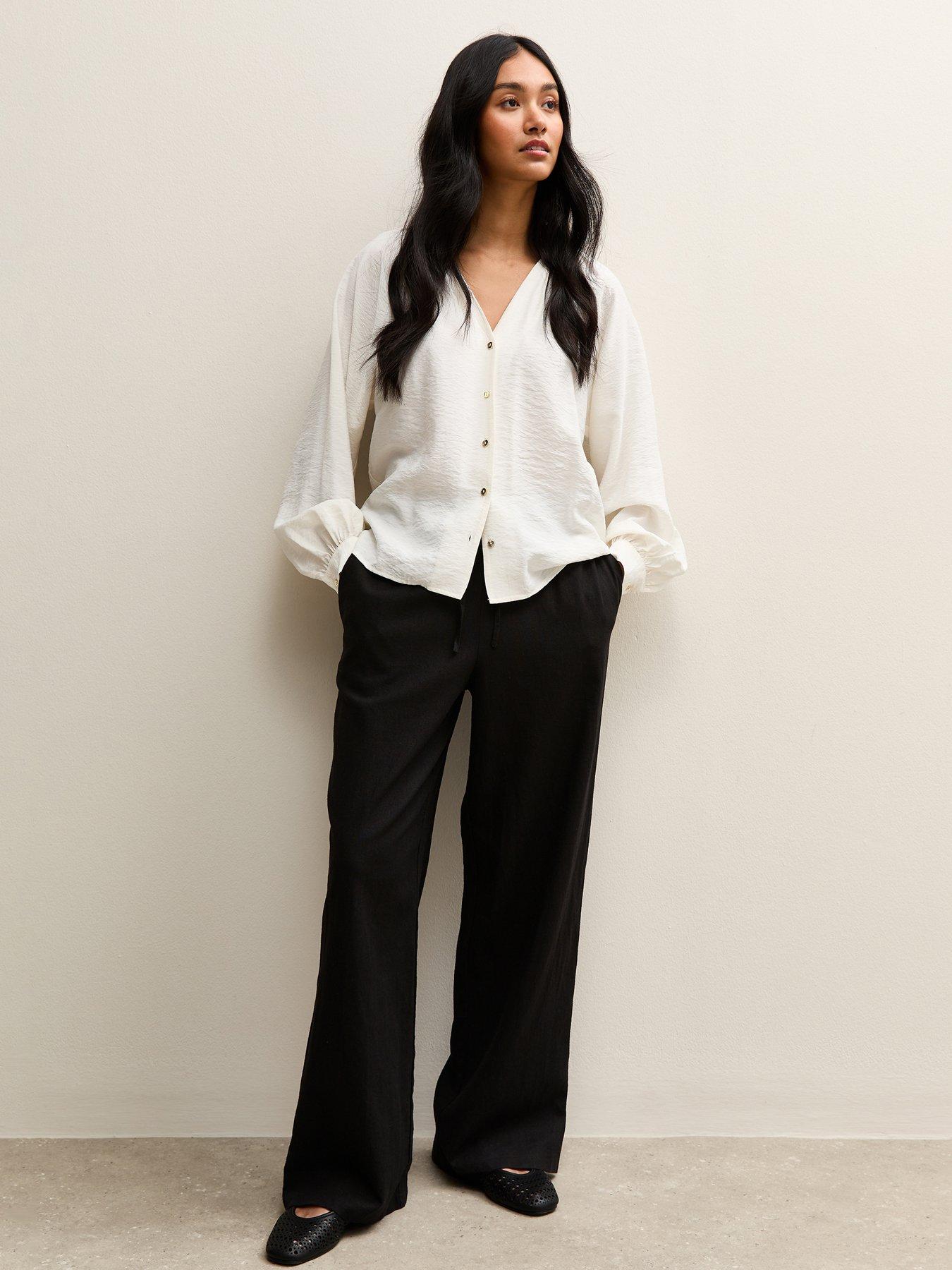 New Look Linen Blend Drawstring Wide Leg Trousers - Black