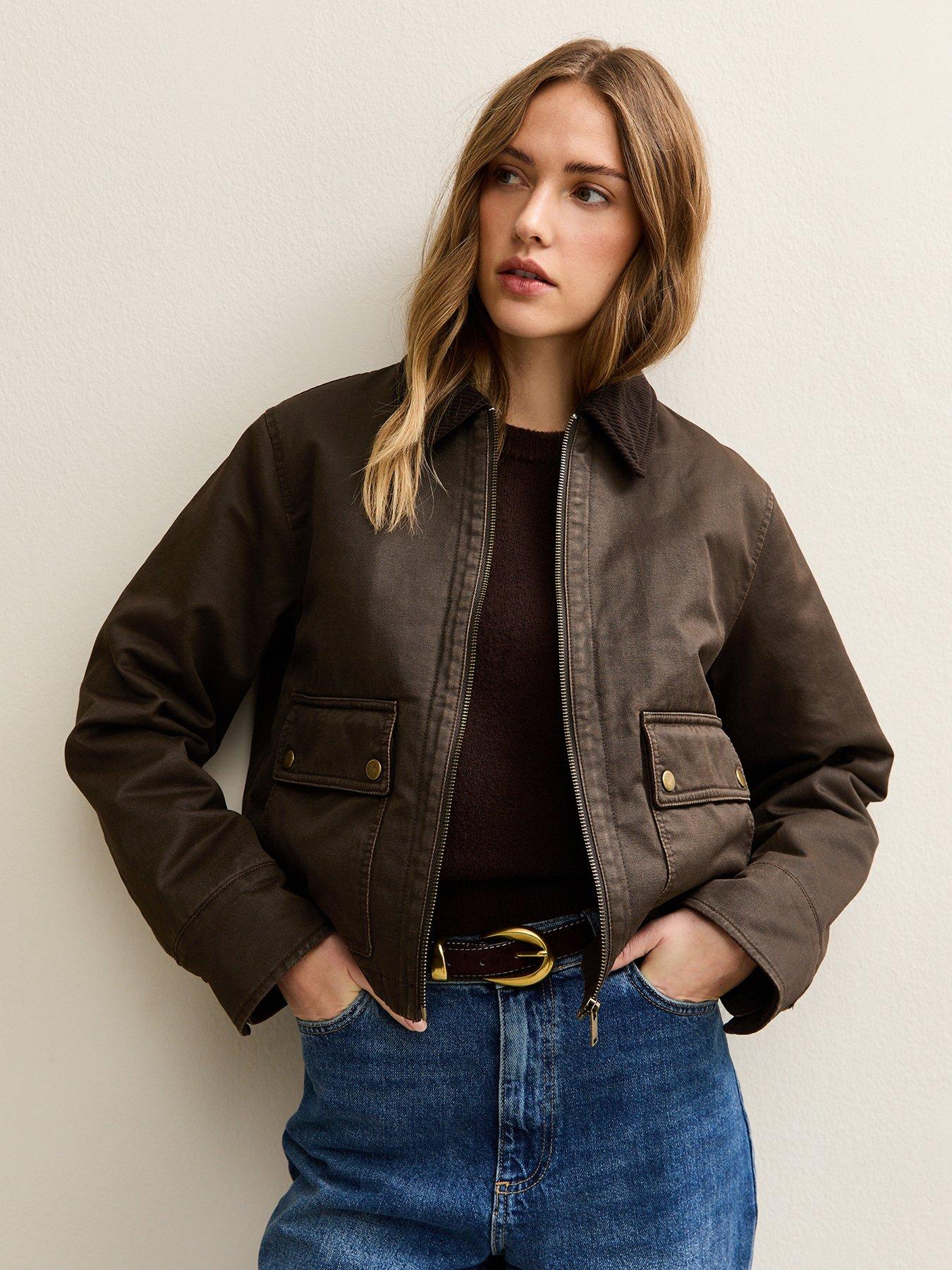 New Look Waxed Corduroy Collar Barn Jacket - Brown