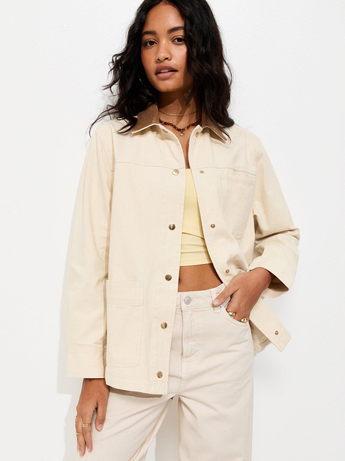New Look Off White Cotton Longline Corduroy Collar Jacket