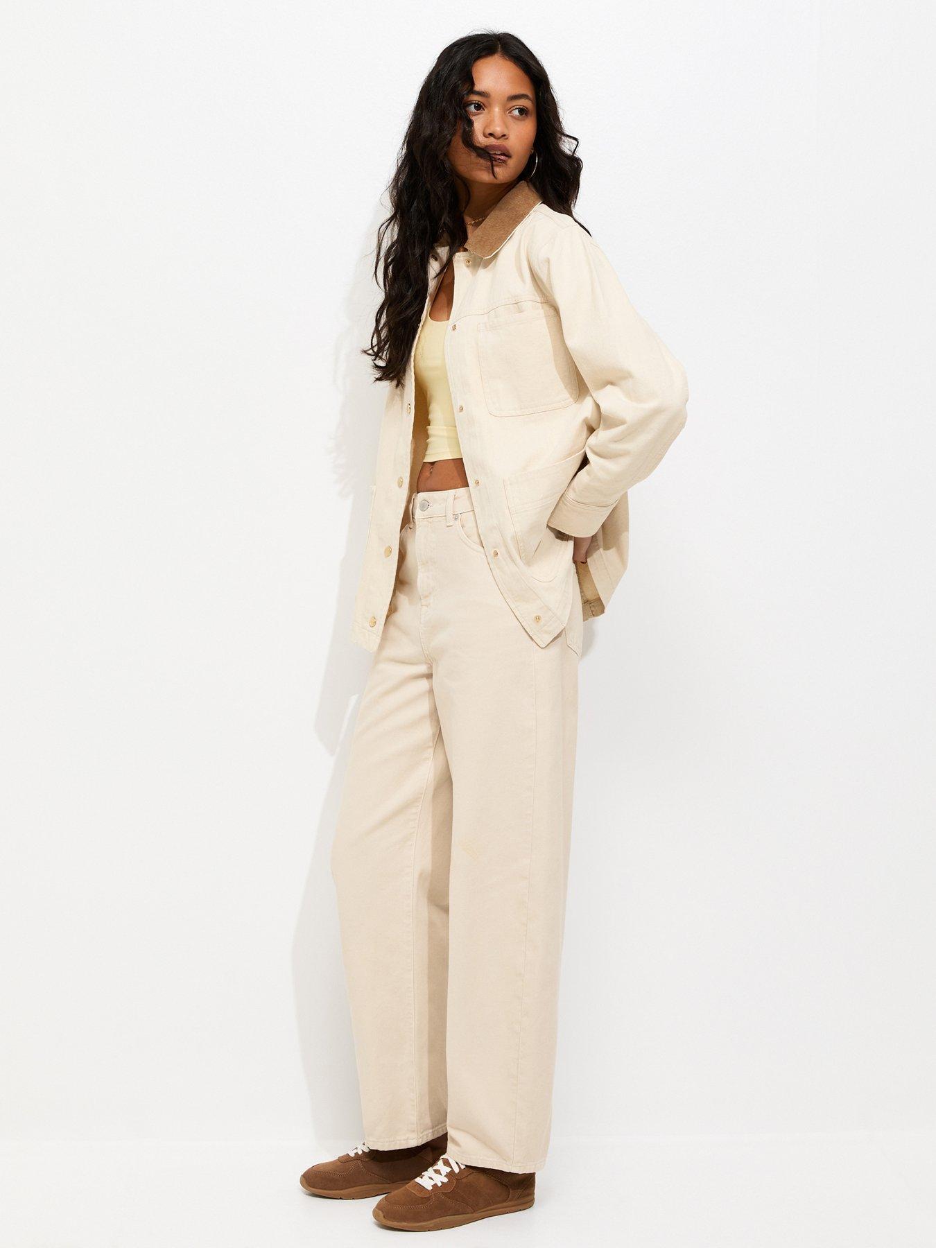 Image 4 of 6 of New Look Cotton Longline Corduroy Collar Jacket - Off White