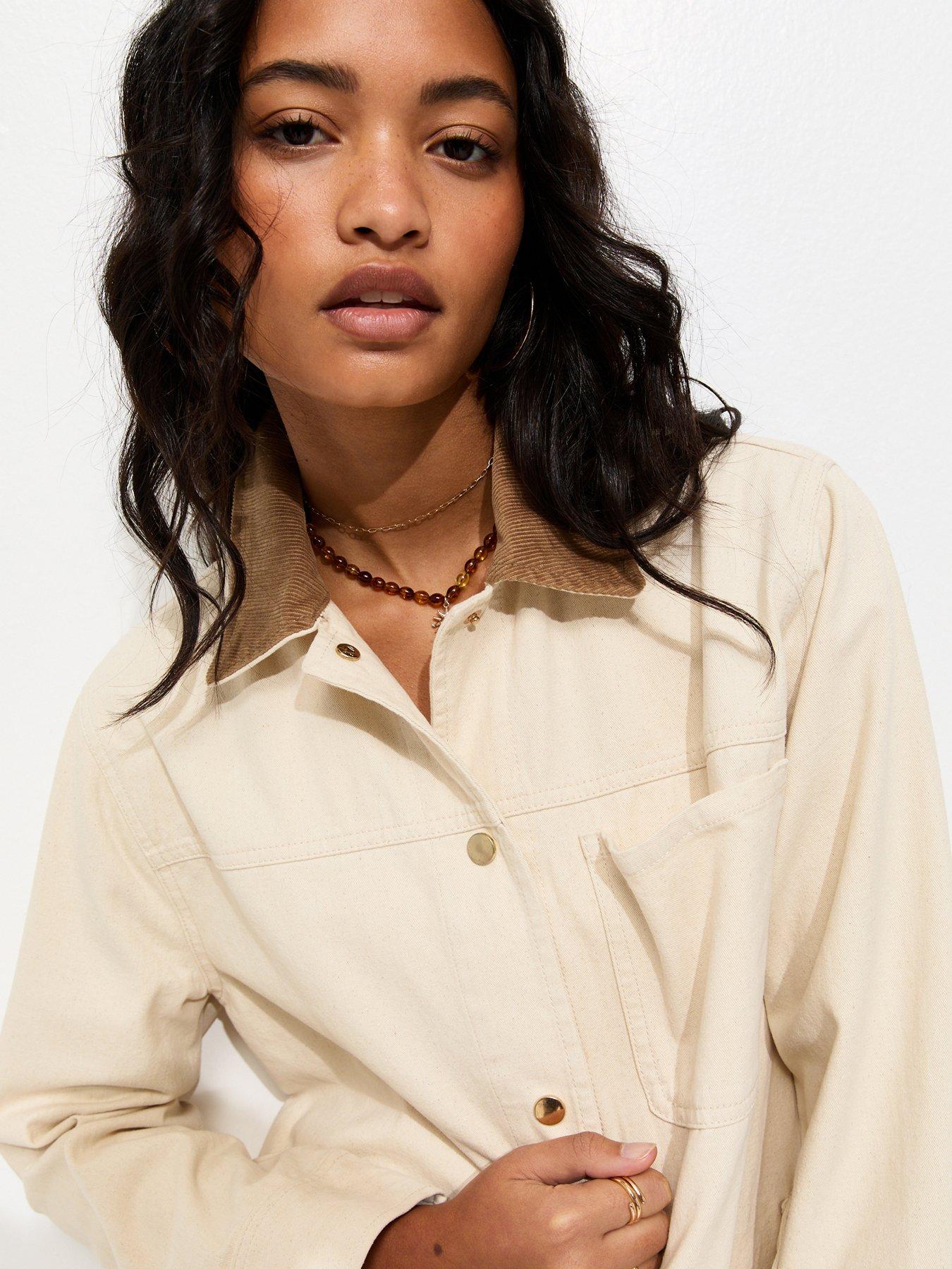 Image 6 of 6 of New Look Cotton Longline Corduroy Collar Jacket - Off White