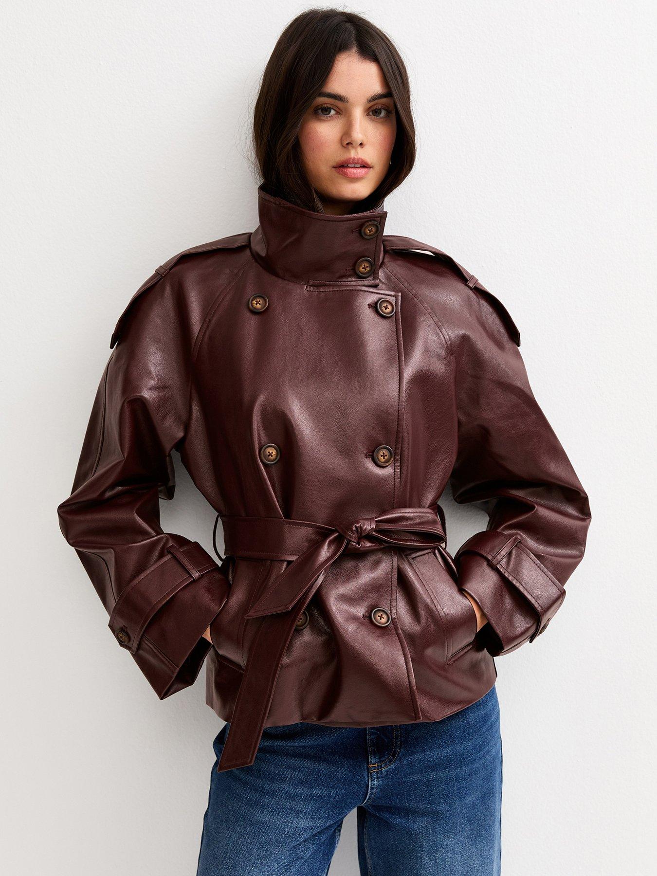 New Look Faux Leather Belted Funnel Neck Jacket - Dark Burgundy