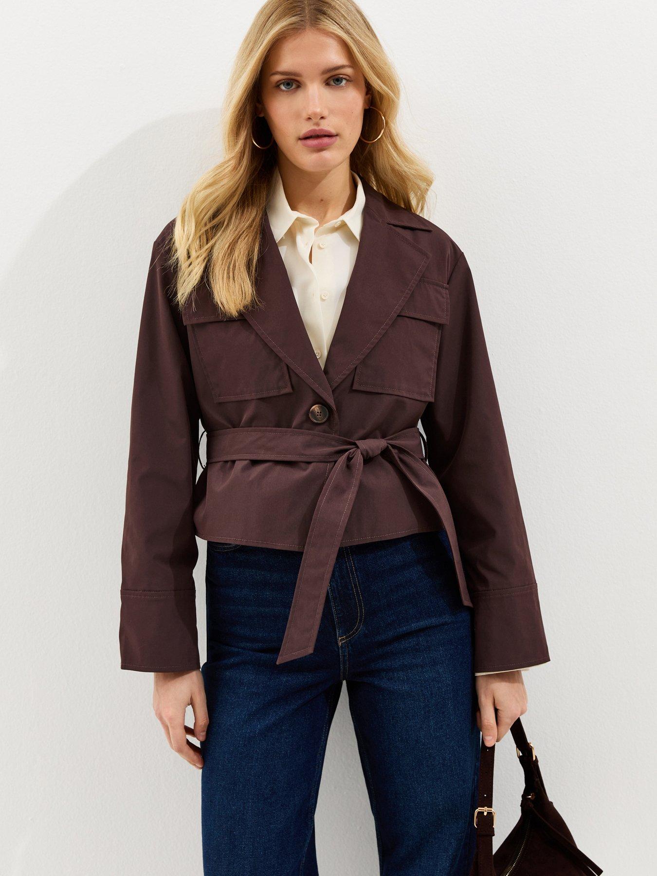 New Look Brown Double Pocket Belted Short Belted Mac