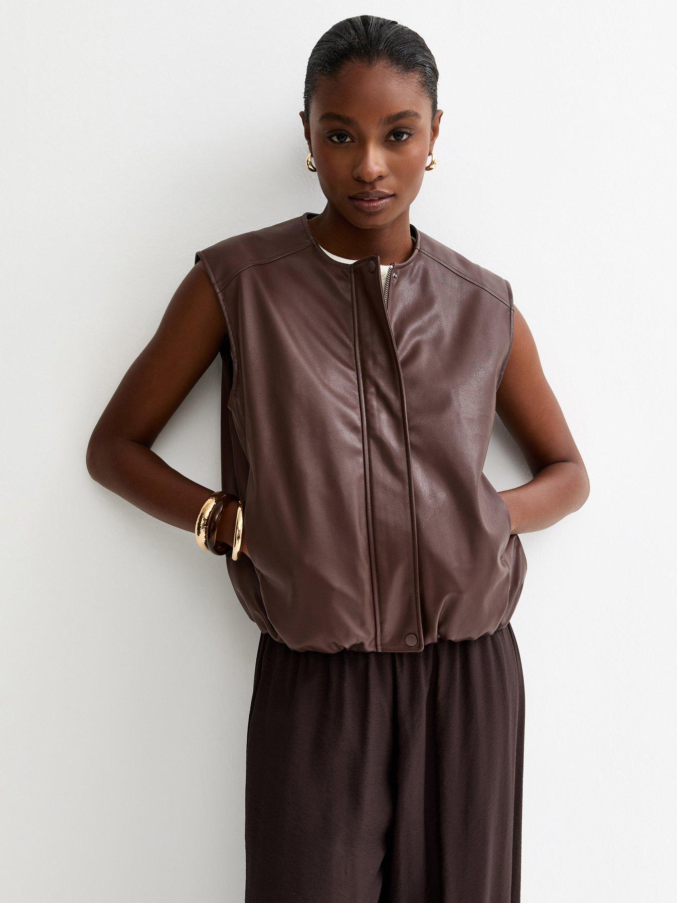 Image 1 of 5 of New Look Brown Faux Leather Sleeveless Bubble Hem Jacket