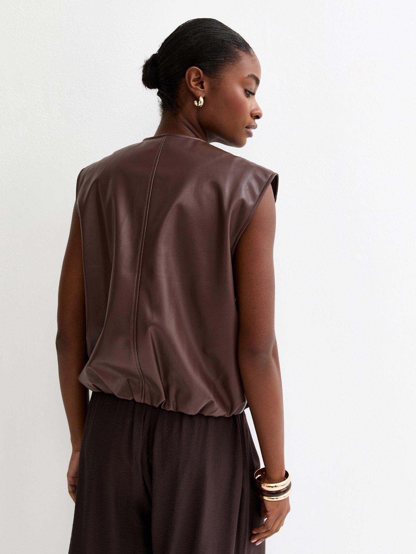 Image 2 of 5 of New Look Brown Faux Leather Sleeveless Bubble Hem Jacket