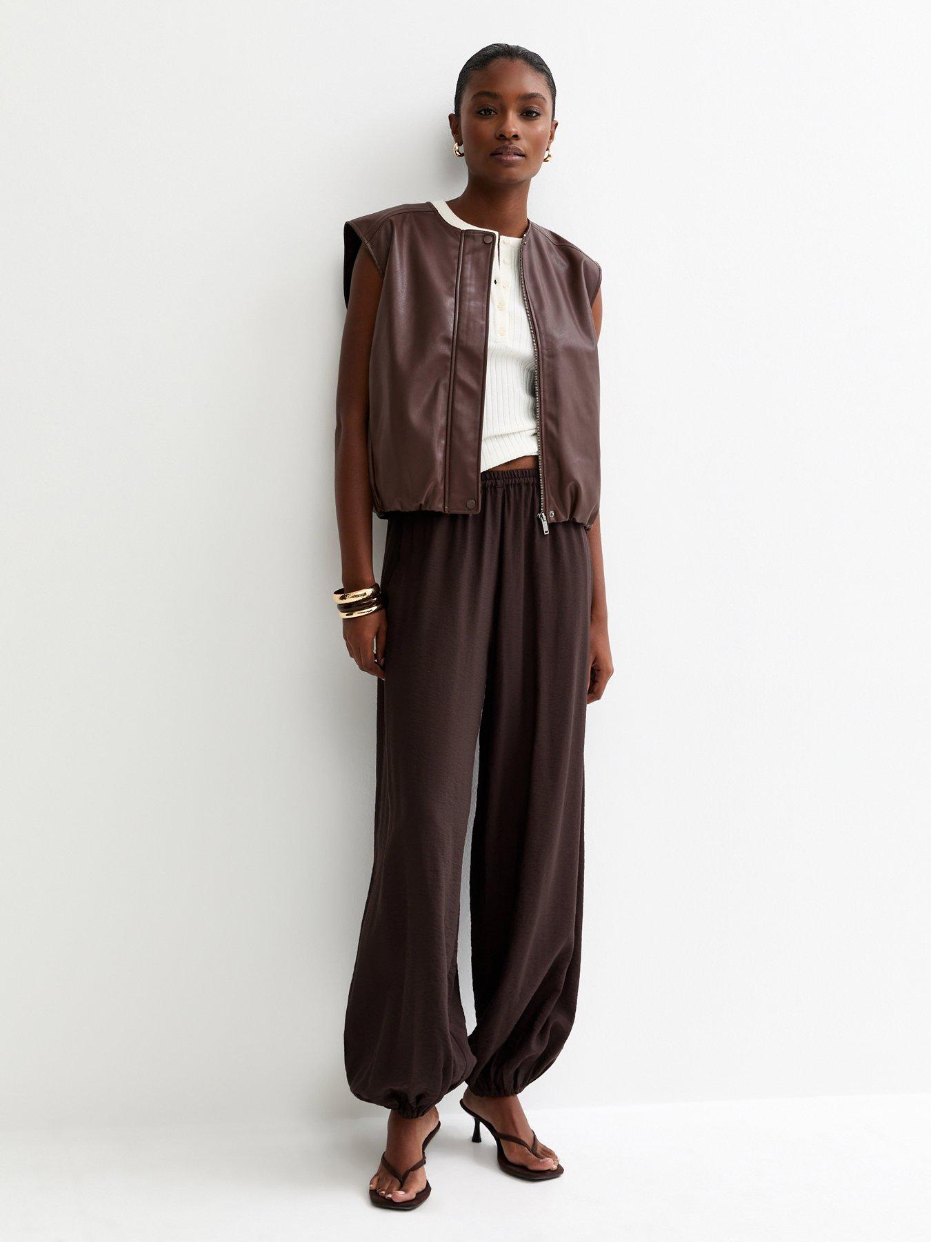 Image 3 of 5 of New Look Brown Faux Leather Sleeveless Bubble Hem Jacket