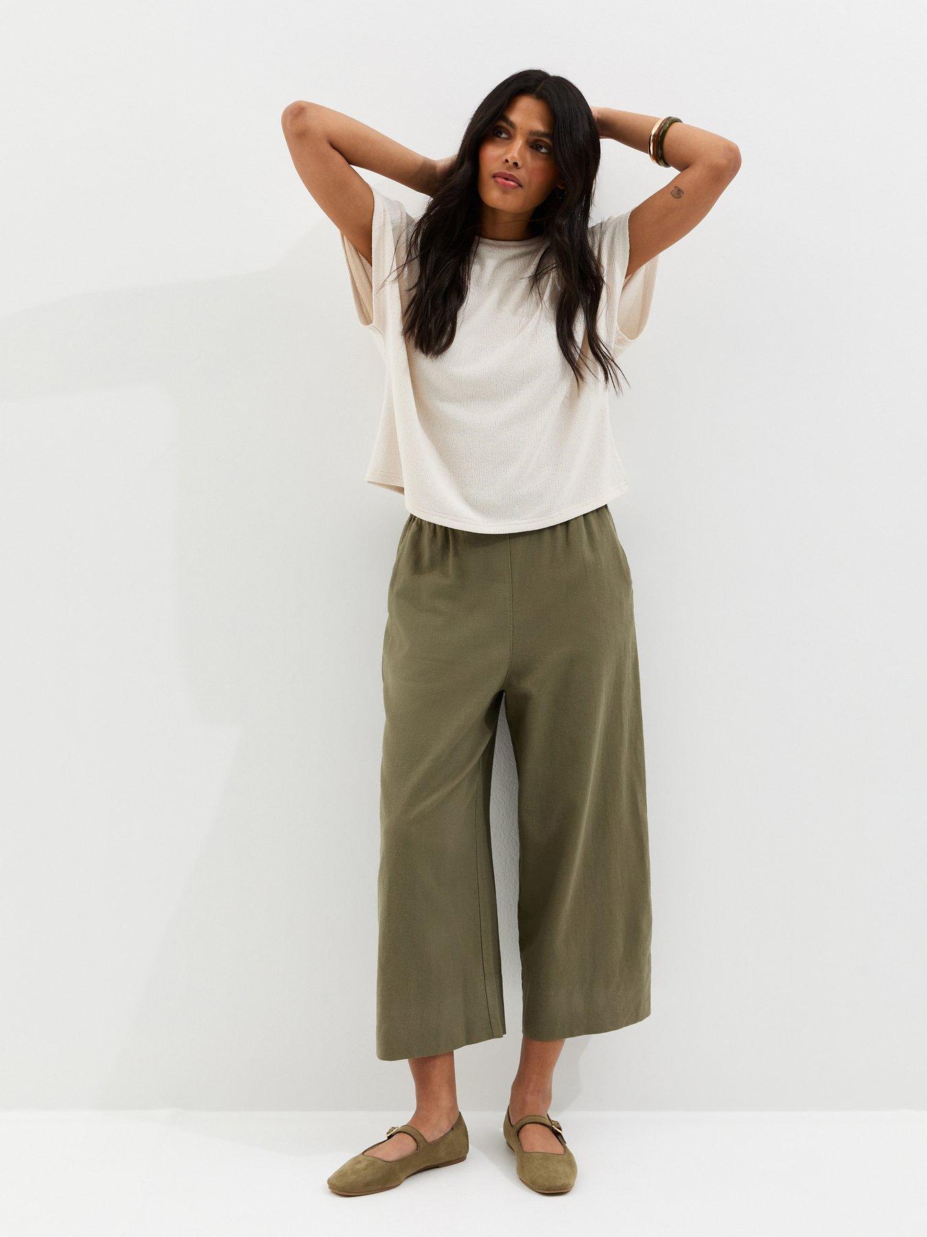 Image 1 of 5 of New Look Khaki Linen Blend Cropped Wide Leg Trousers