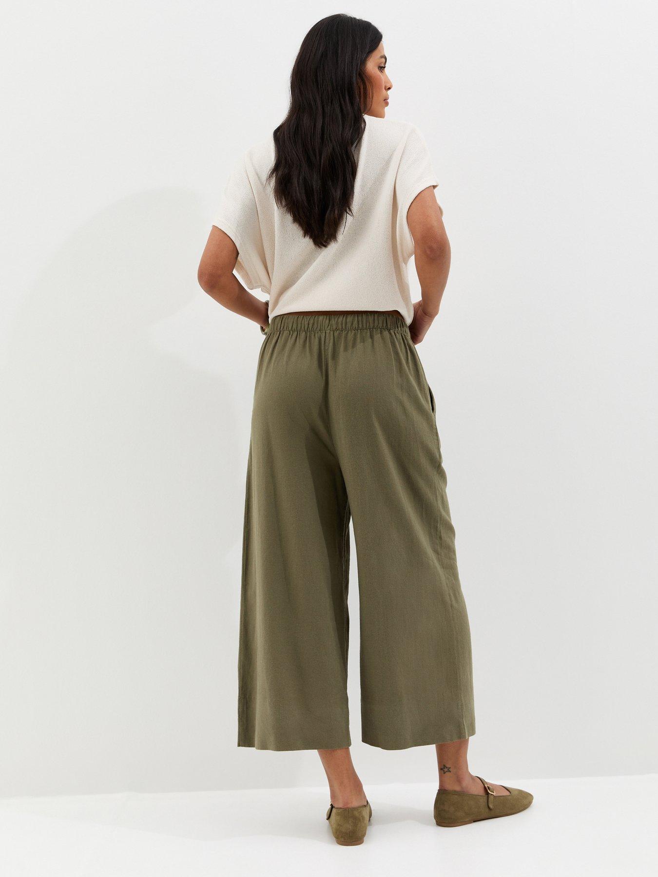 Image 2 of 5 of New Look Khaki Linen Blend Cropped Wide Leg Trousers