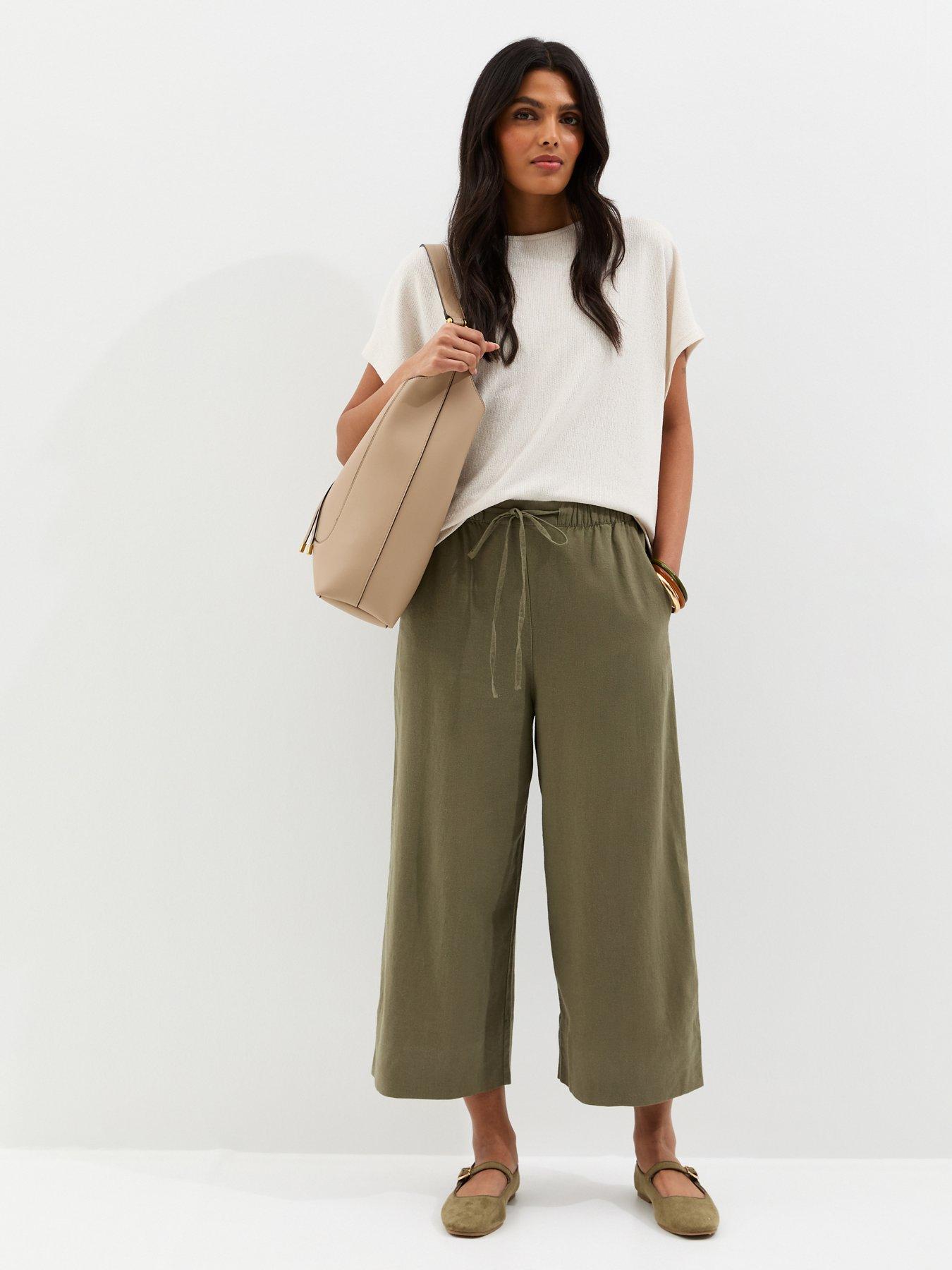 Image 3 of 5 of New Look Khaki Linen Blend Cropped Wide Leg Trousers