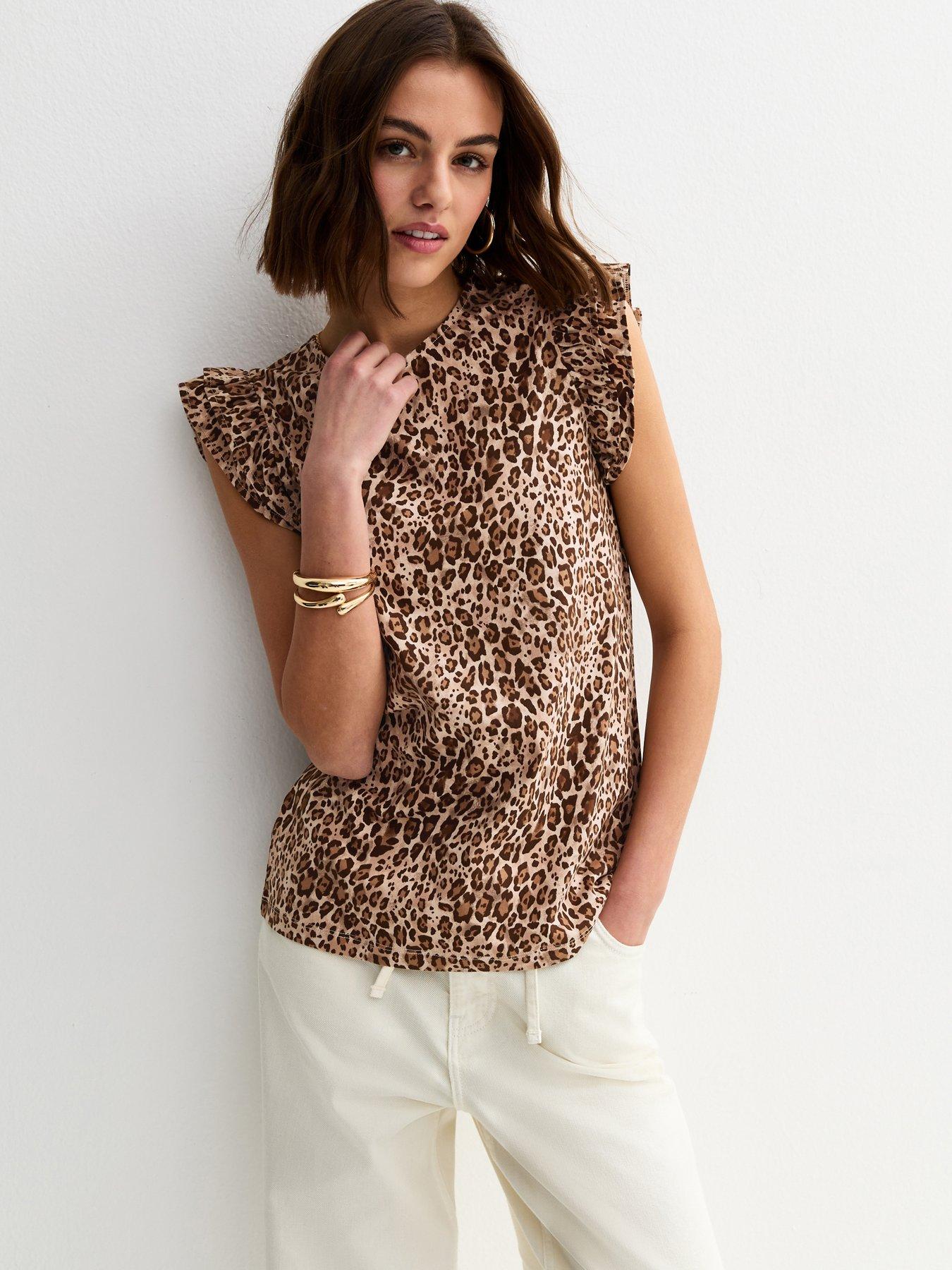 New Look Leopard Print Frill Trim Top - Brown