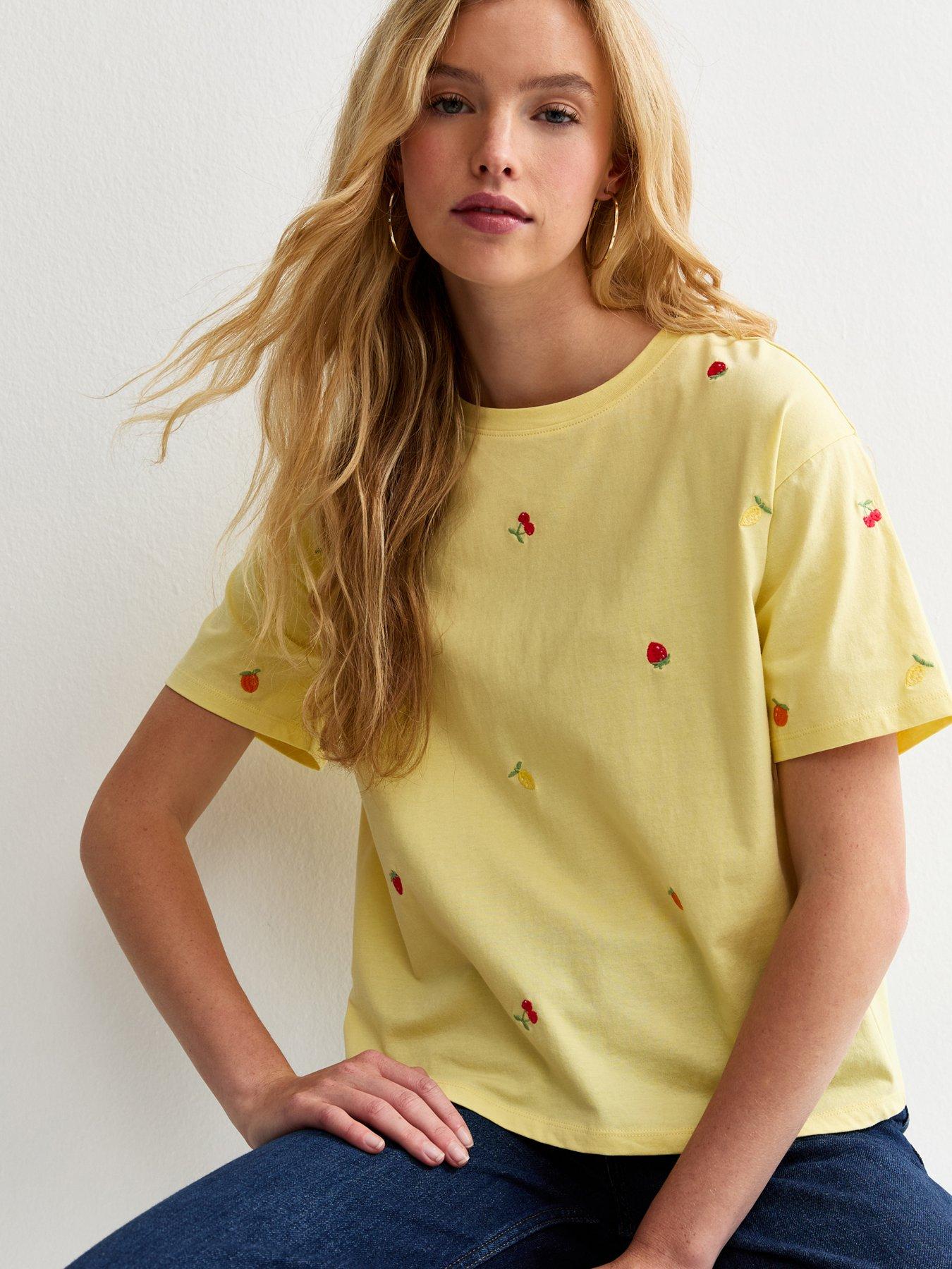 New Look Cotton Boxy Embroidered Fruit T-Shirt - Yellow
