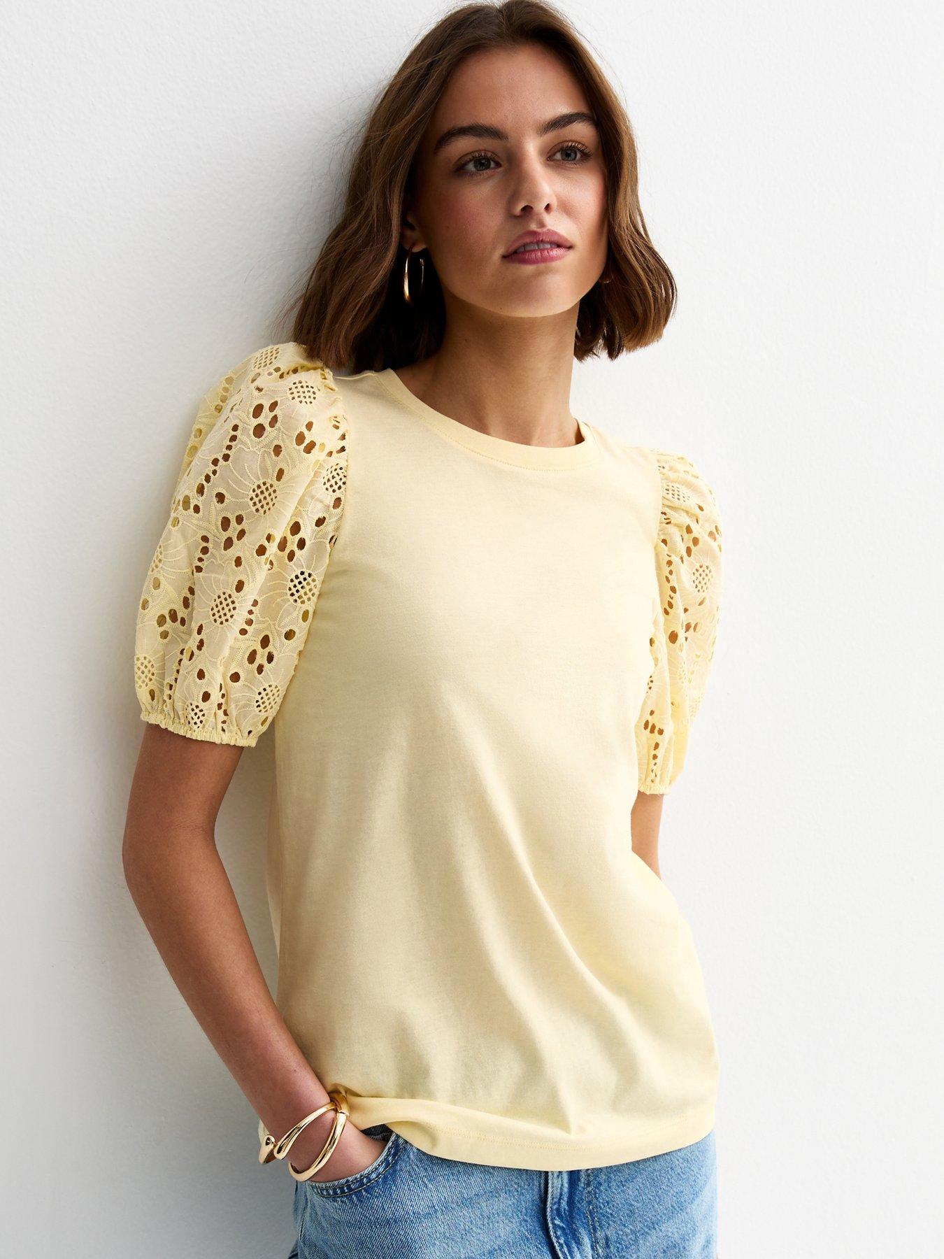 New Look Light Yellow Broderie Anglaise Puff Sleeve Top