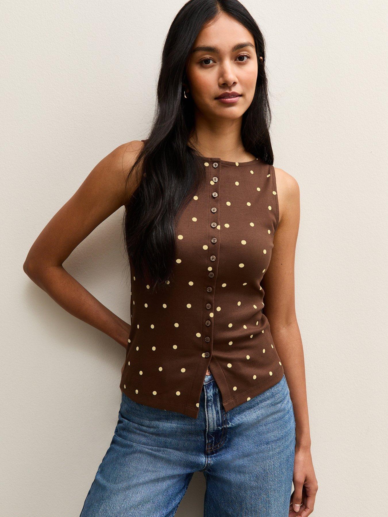 Image 1 of 6 of New Look Brown Polka Dot Button Up Tank Top
