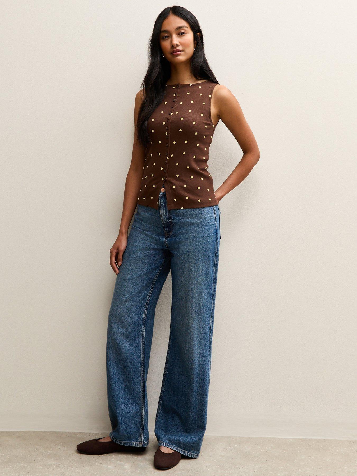 Image 4 of 6 of New Look Brown Polka Dot Button Up Tank Top