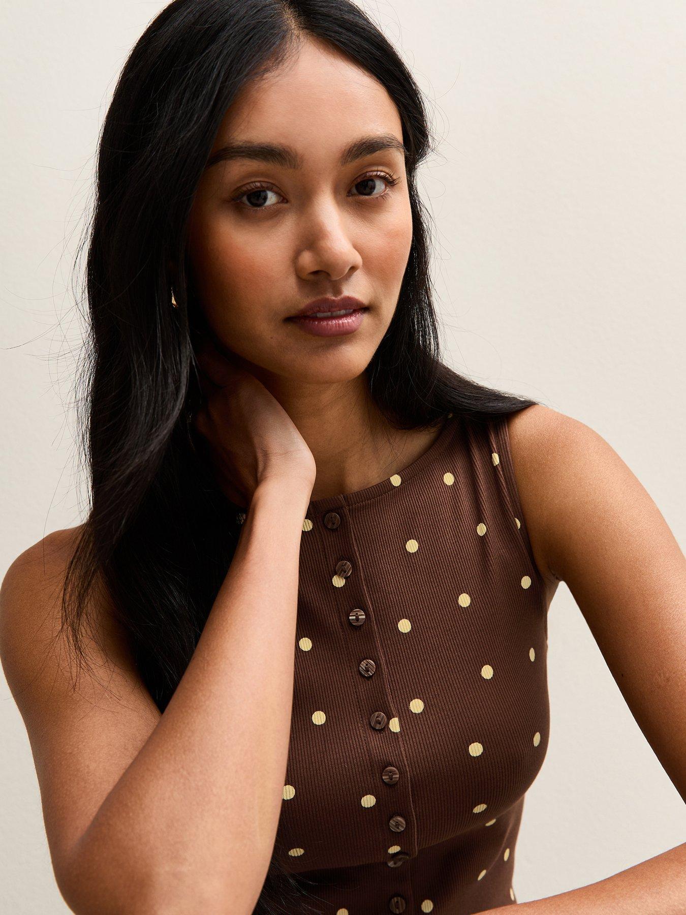 Image 5 of 6 of New Look Brown Polka Dot Button Up Tank Top