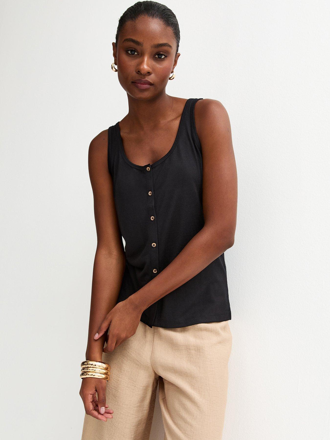 New Look Slub Button Tank Top - Black