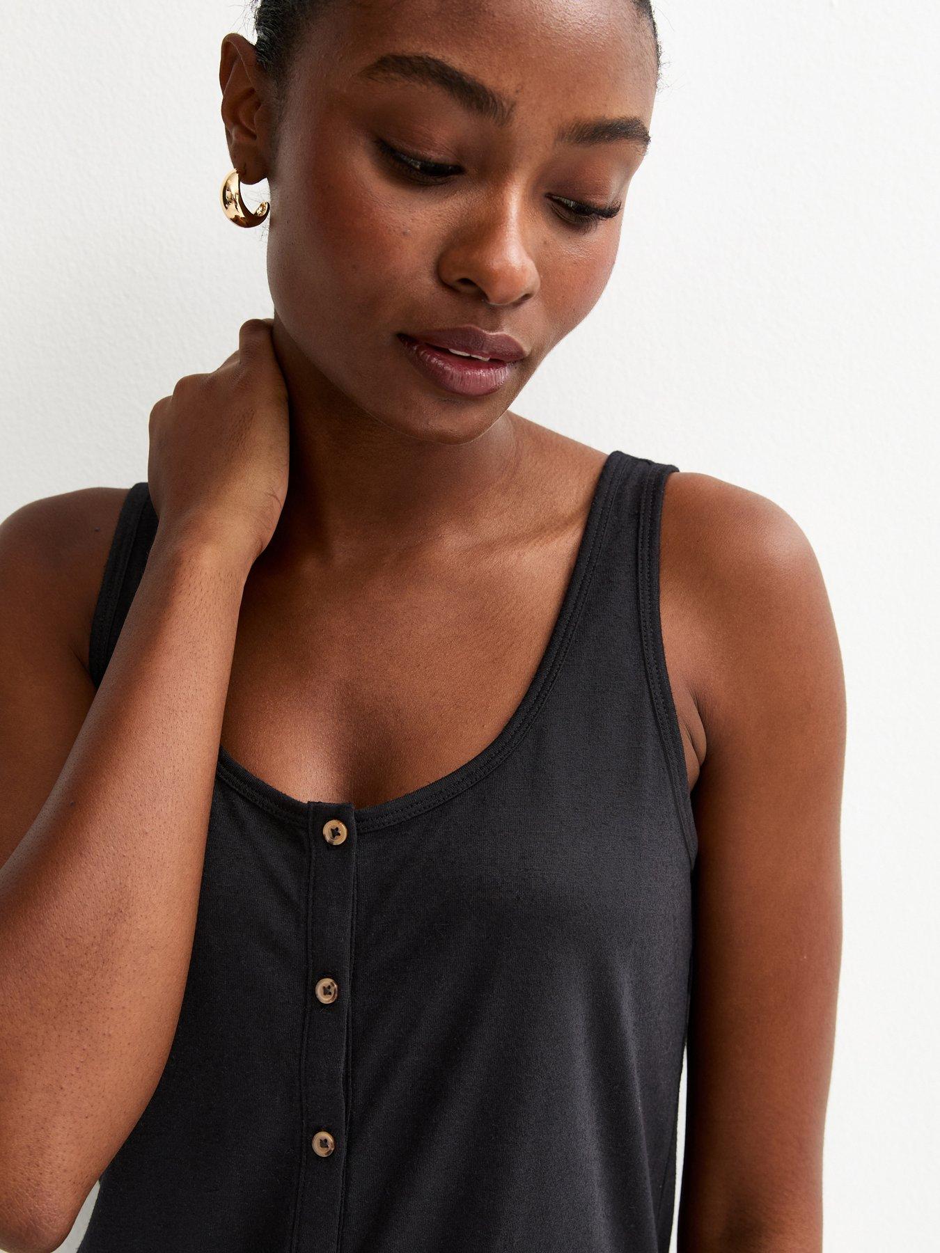 Image 4 of 5 of New Look Slub Button Tank Top - Black