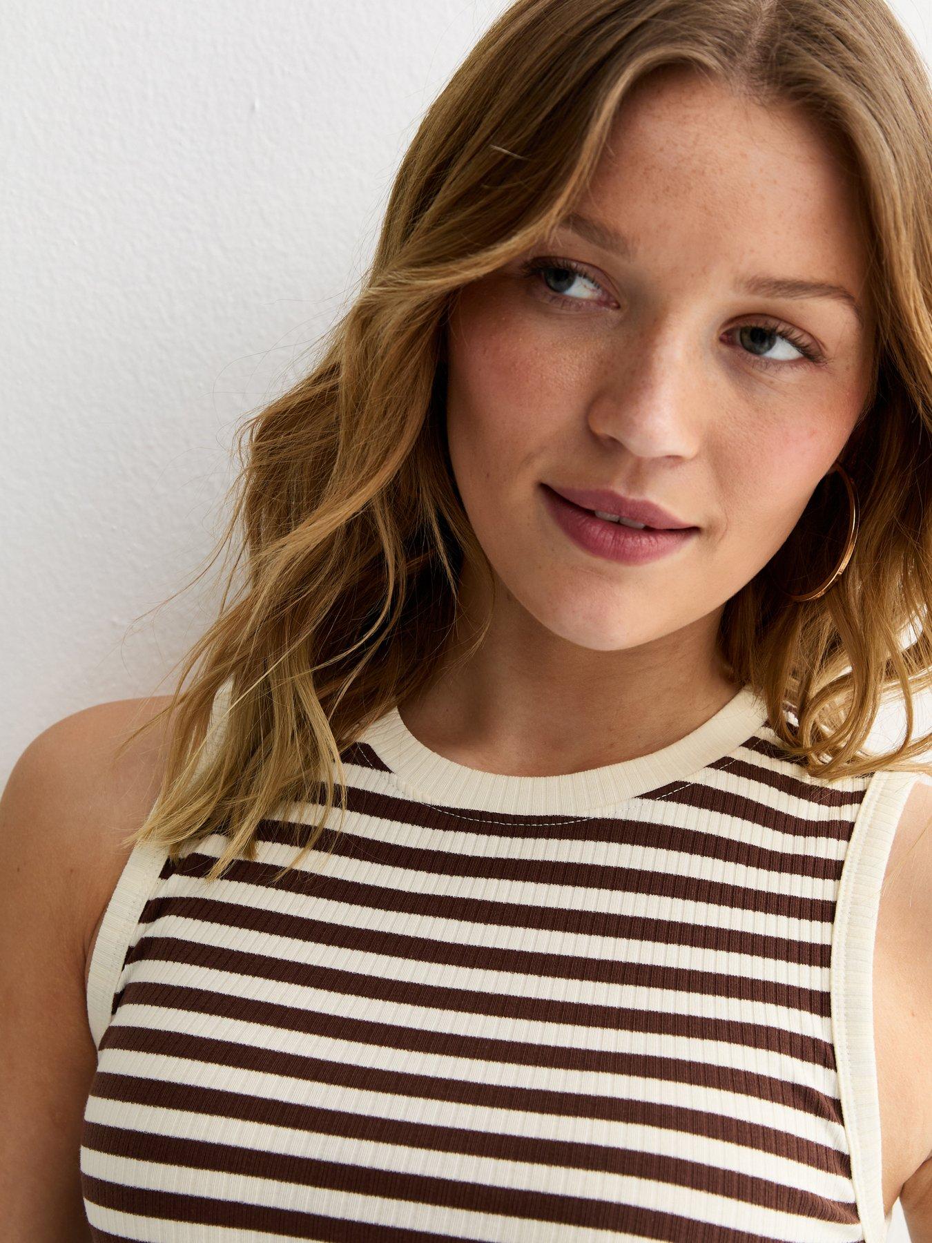New Look Stripe Print Ribbed Tank Top - Brown | Very