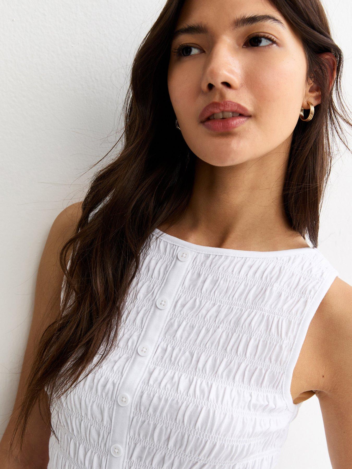 Image 4 of 5 of New Look Shirred Button Front Sleeveless Top - White