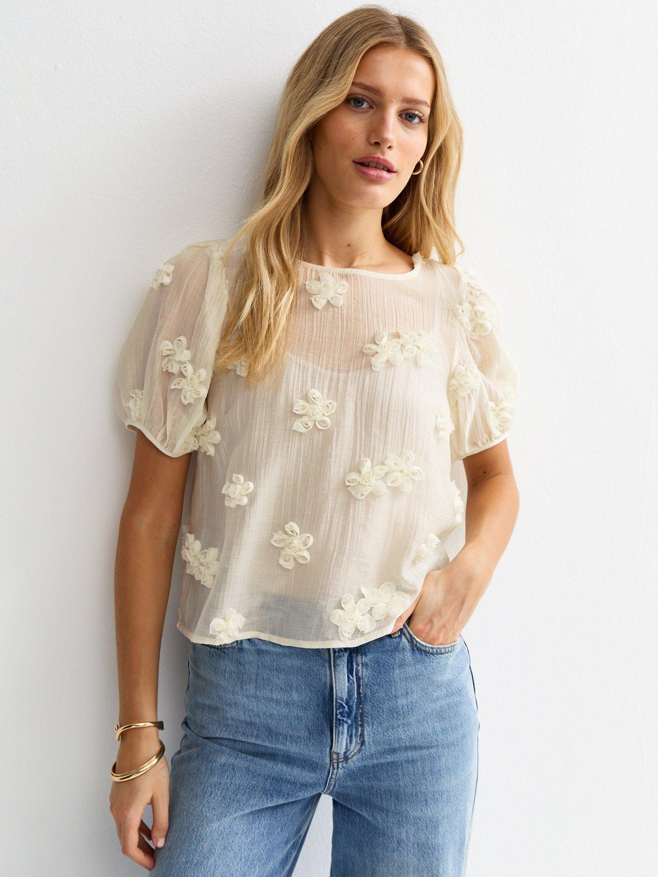 New Look Cream Sheer Floral Appliqué Short Sleeve Blouse