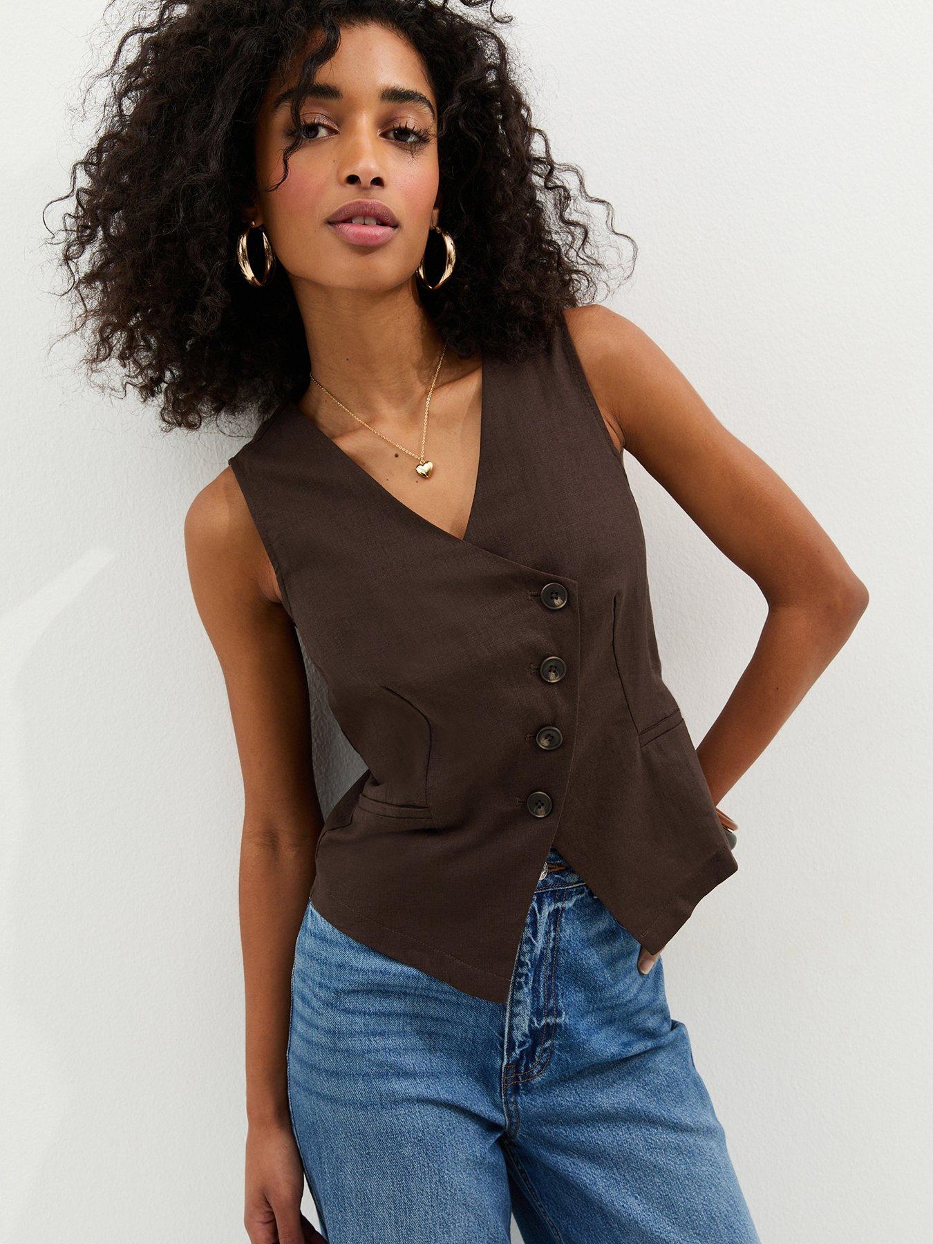 New Look Linen Blend Asymmetric Waistcoat - Brown