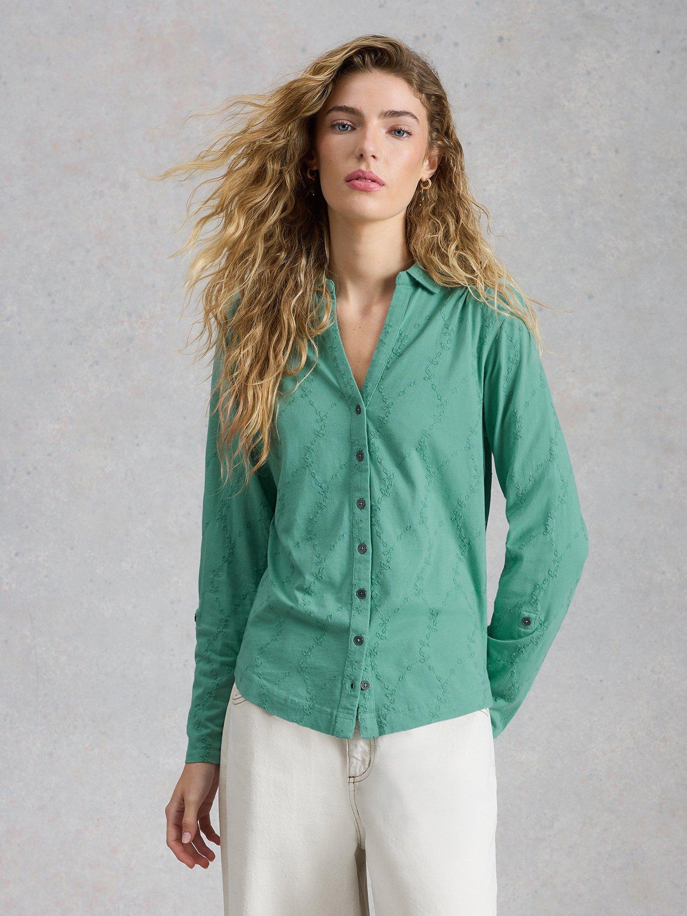 White Stuff Annie Broderie Jersey Shirt, Green, Size 14, Women