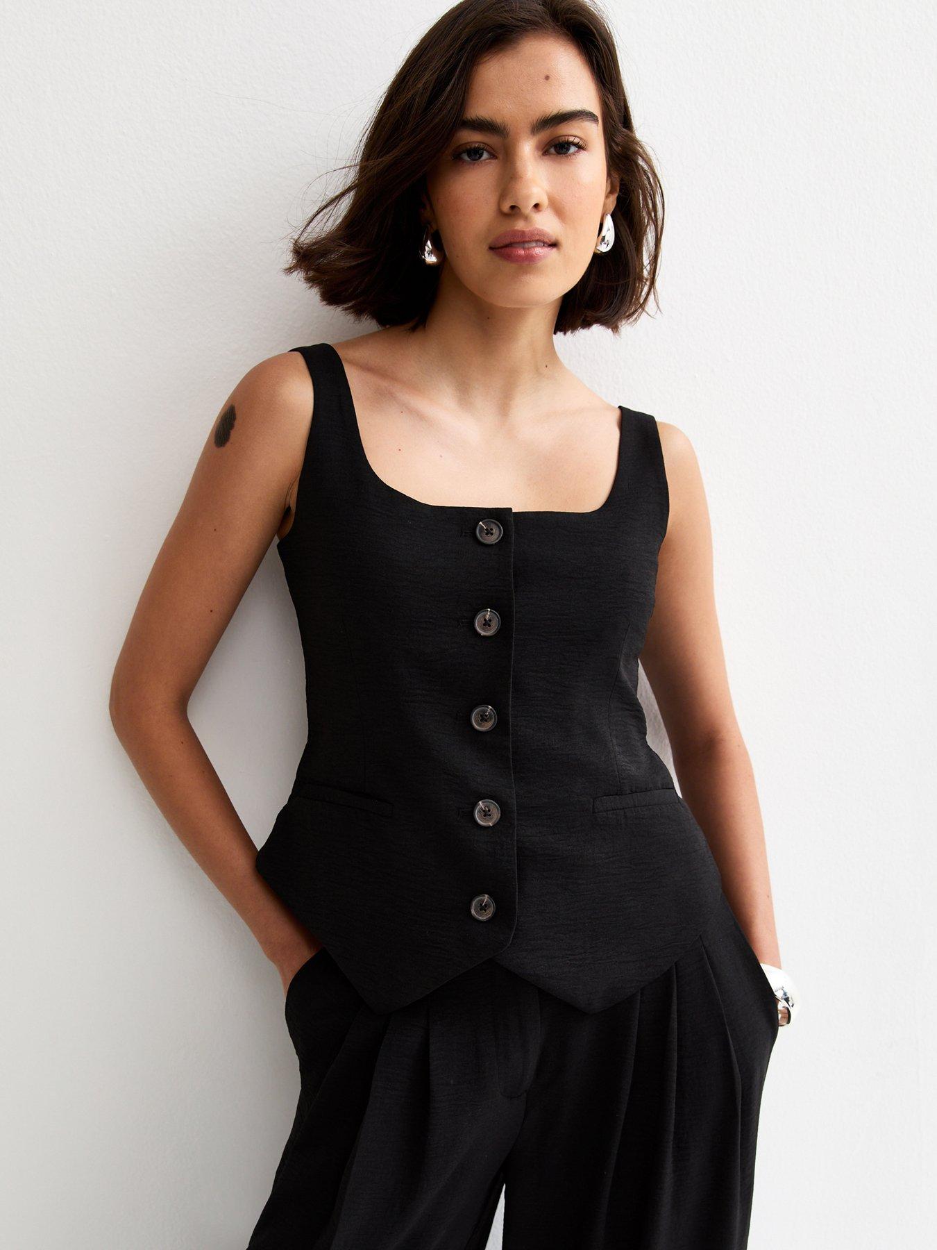 New Look Scoop Neck Button Up Waistcoat - Black