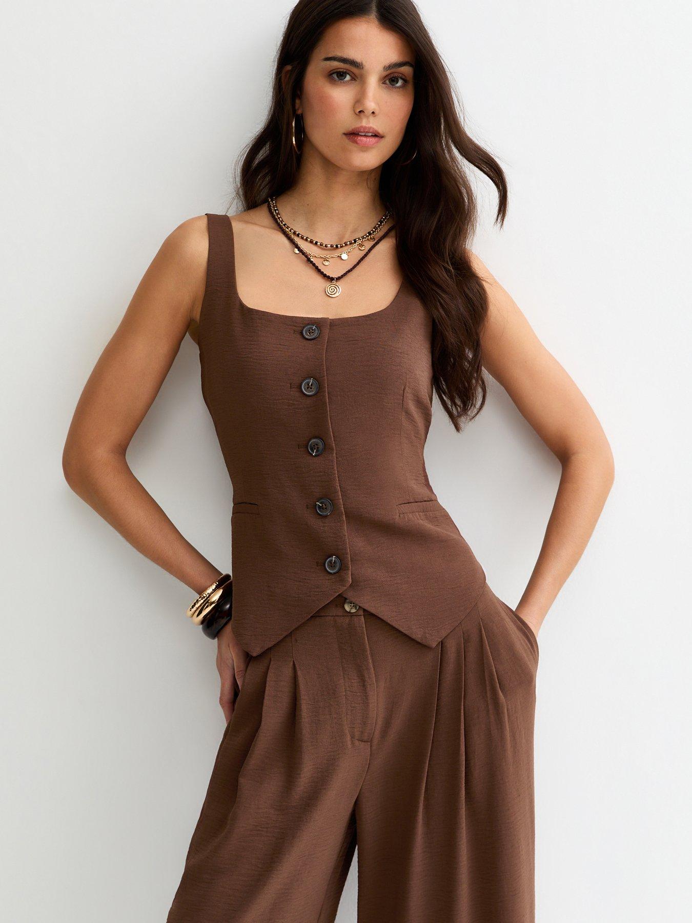 New Look Dark Brown Scoop Neck Button Up Waistcoat