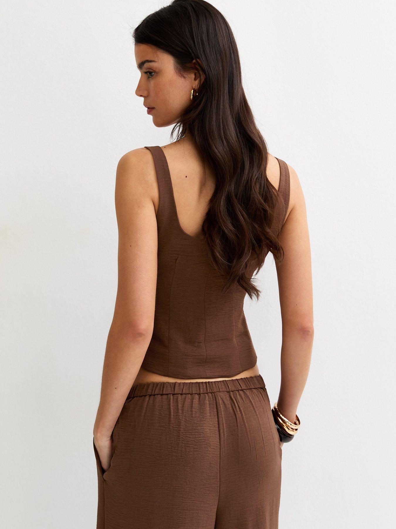 Image 2 of 5 of New Look Scoop Neck Button Up Waistcoat - Dark Brown