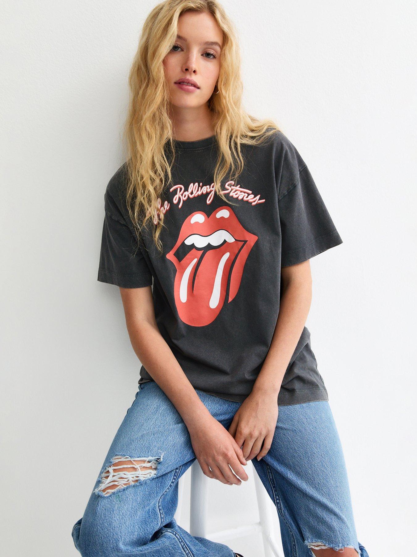 Image 1 of 5 of New Look Rolling Stones Lips Print Oversized T-Shirt - Dark Grey
