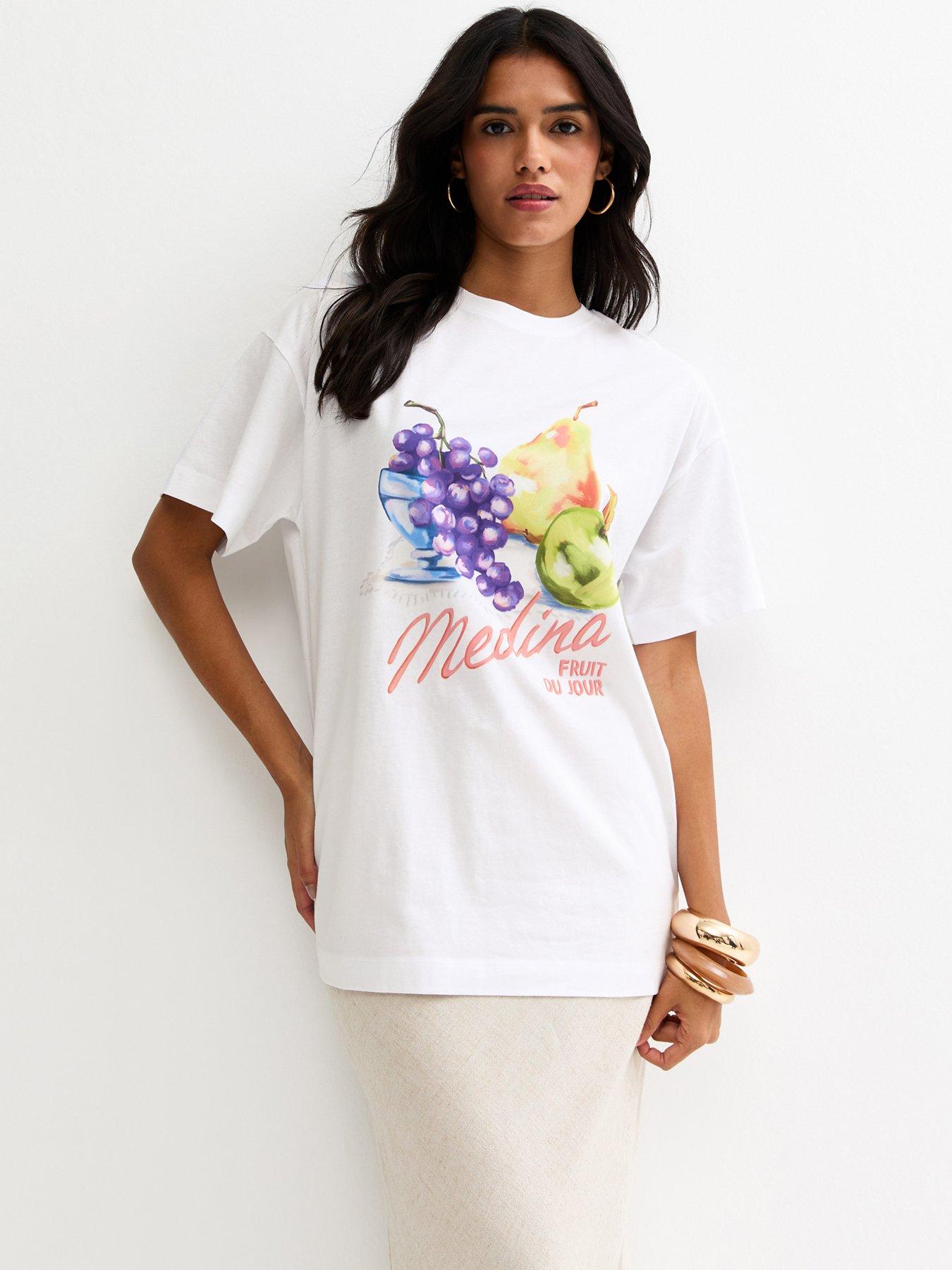 Image 1 of 4 of New Look White Cotton Fruit Print Oversized T-shirt