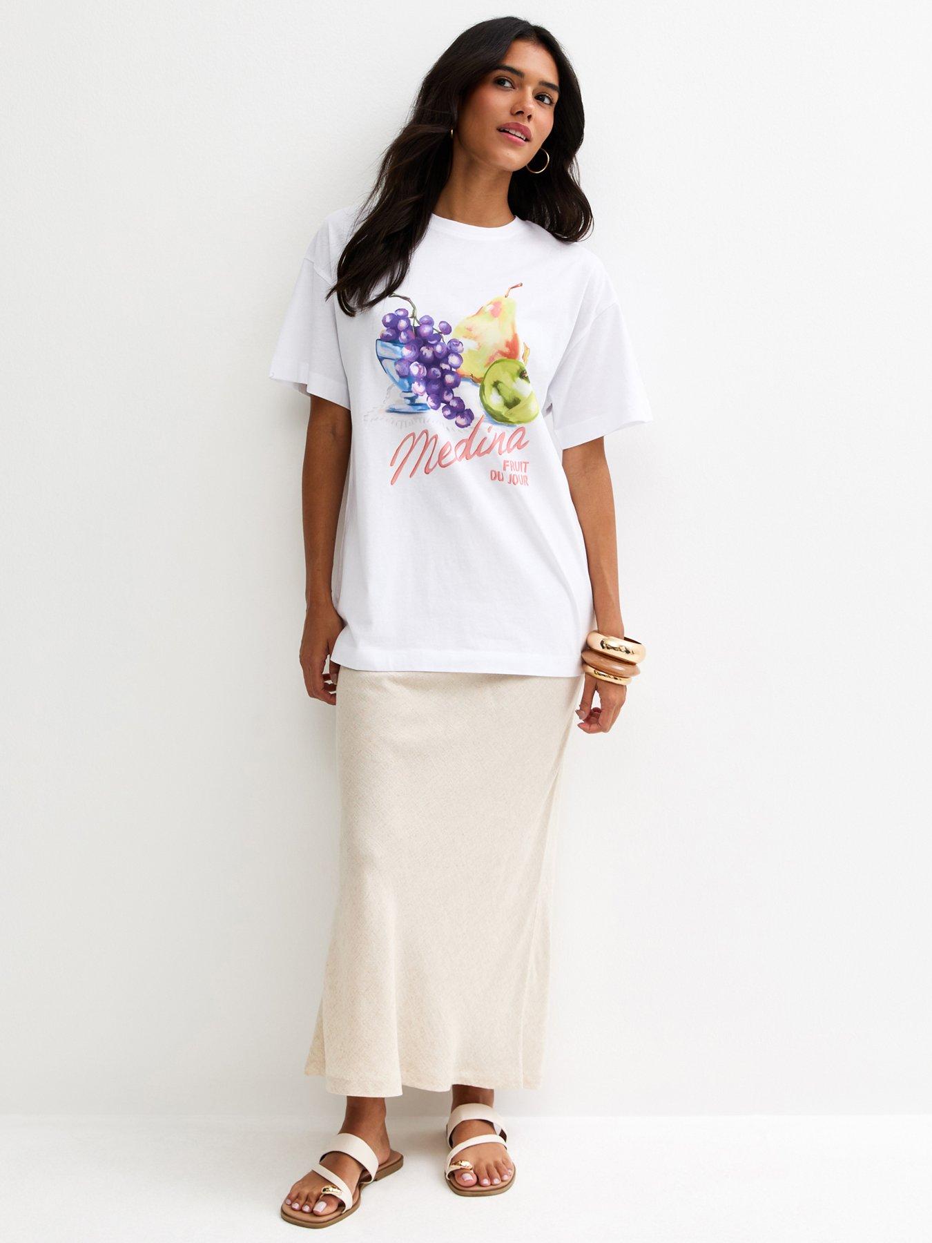 Image 2 of 4 of New Look White Cotton Fruit Print Oversized T-shirt