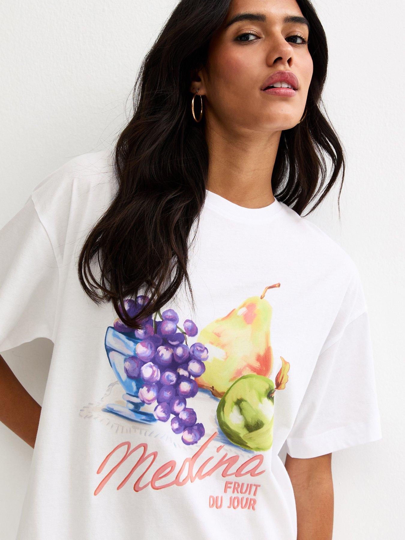 Image 3 of 4 of New Look White Cotton Fruit Print Oversized T-shirt