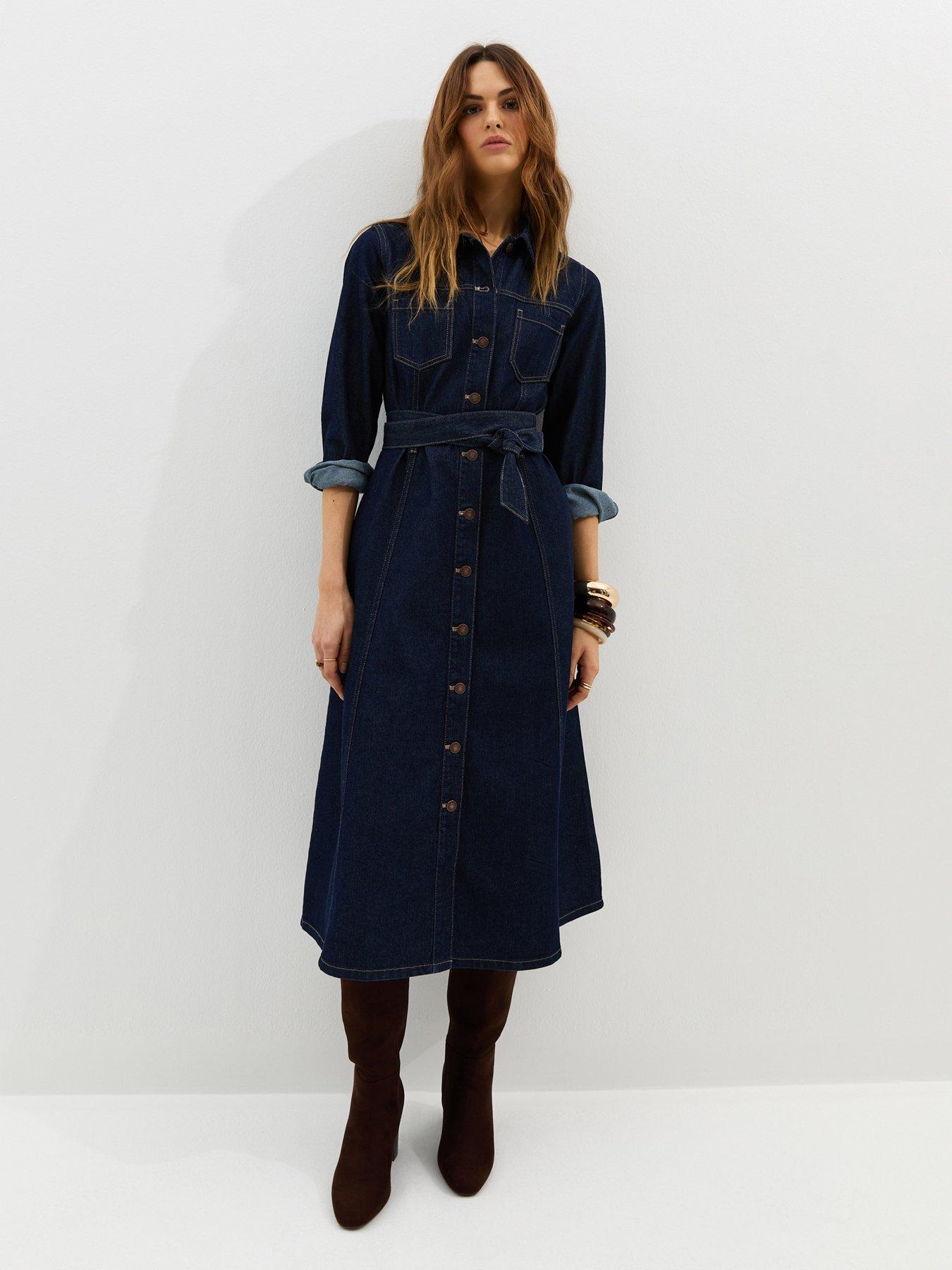 chinese dress ladies Dark blue denim puff sleeve long dress – DESTREE main image 1