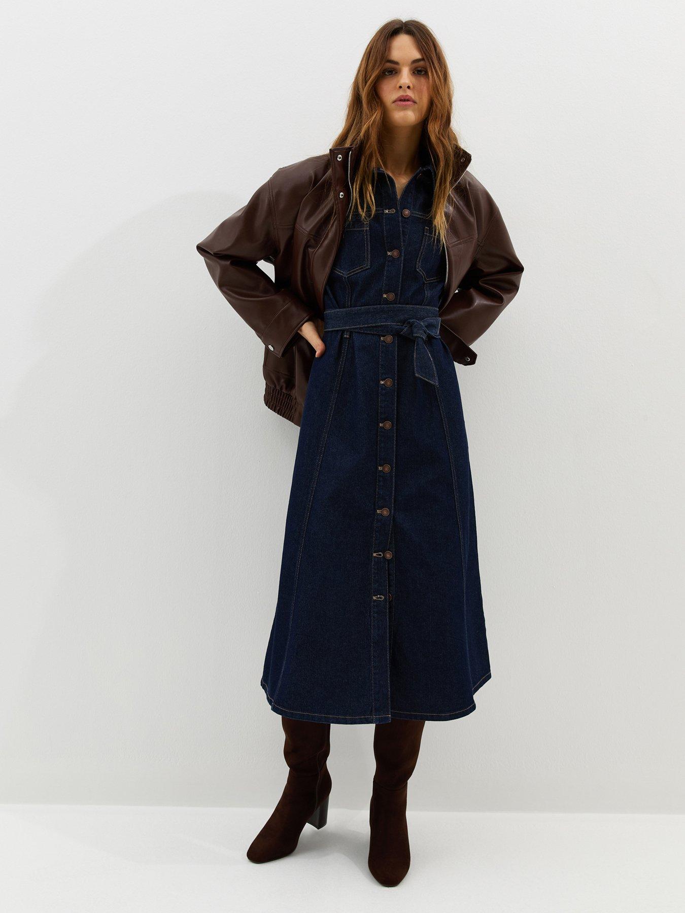 knee length dresses for ladies Dark Wash Denim Midi Dress - All Dresses