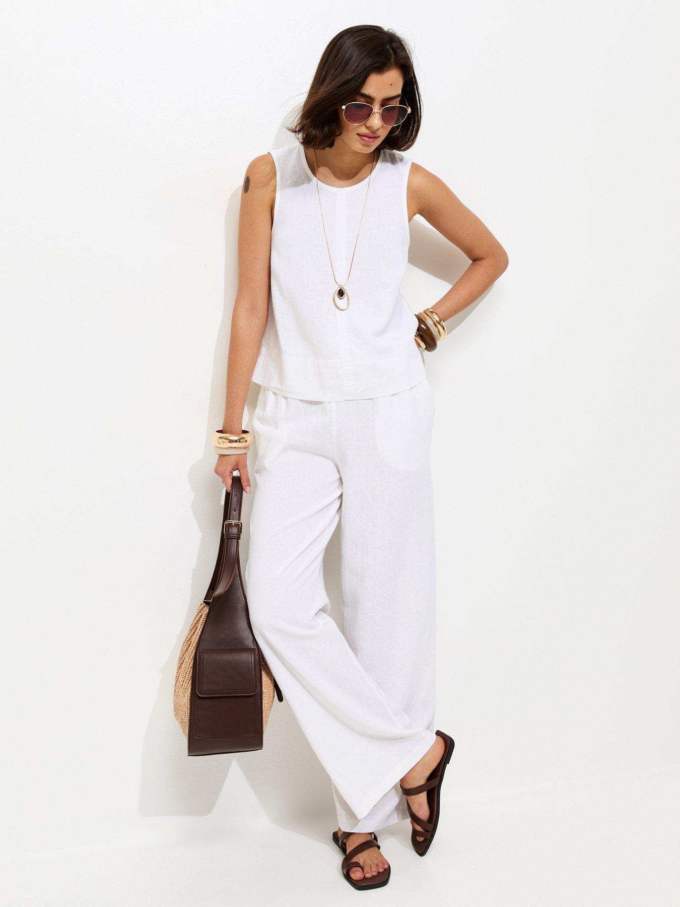 Image 3 of 5 of New Look Linen Blend Drawstring Wide Leg Trousers - White