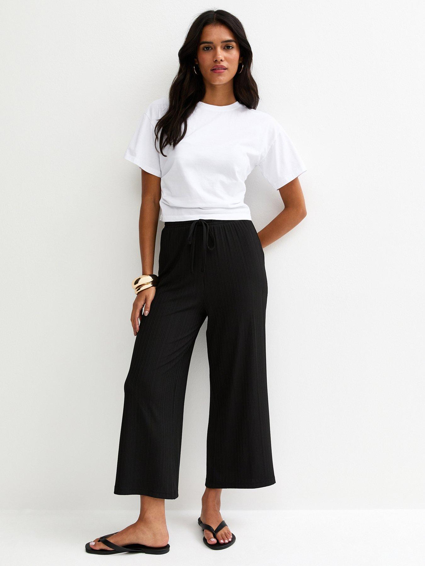 New Look Ribbed Cropped Wide Leg Trousers - Black
