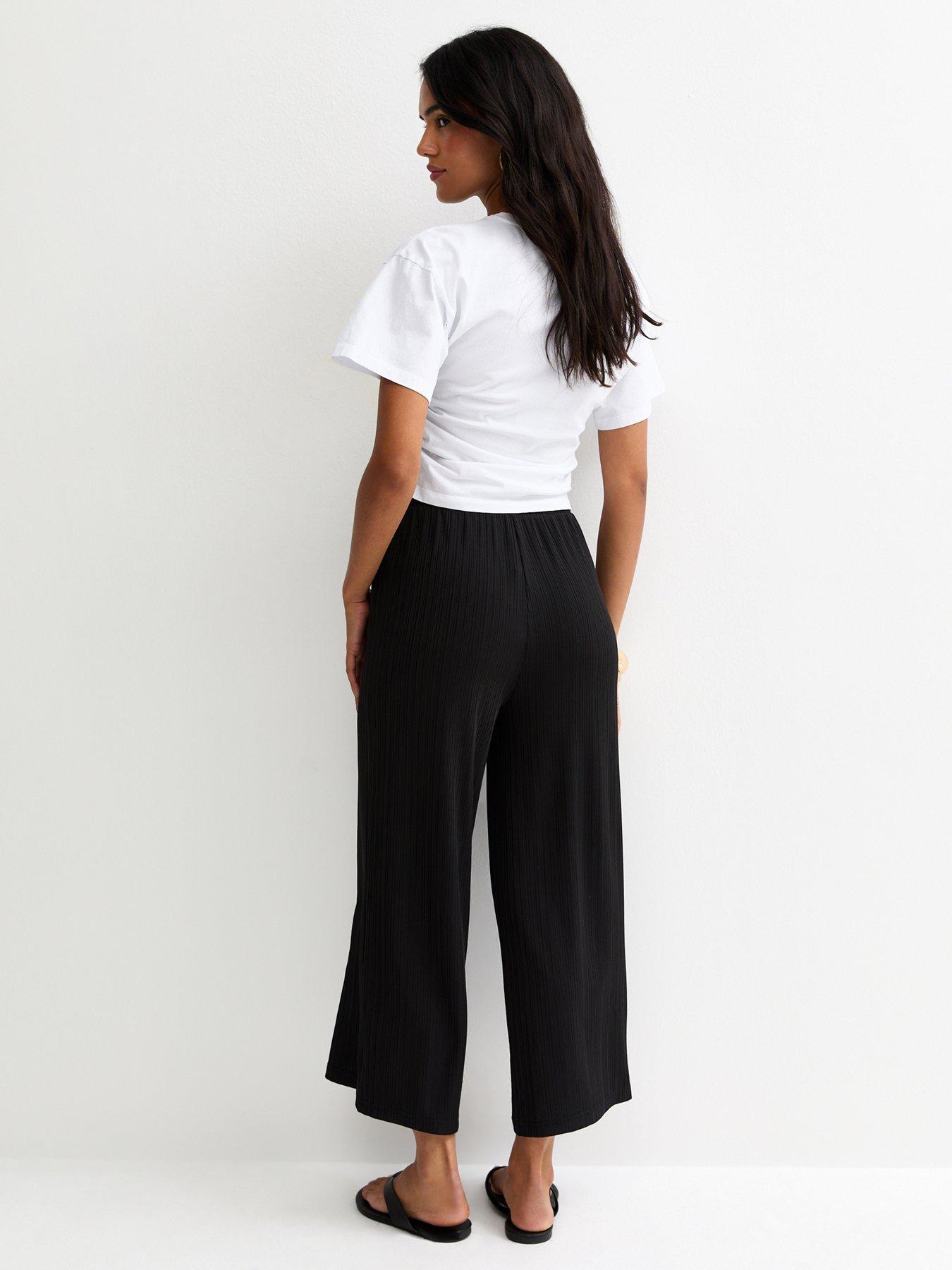 Image 2 of 5 of New Look Ribbed Cropped Wide Leg Trousers - Black