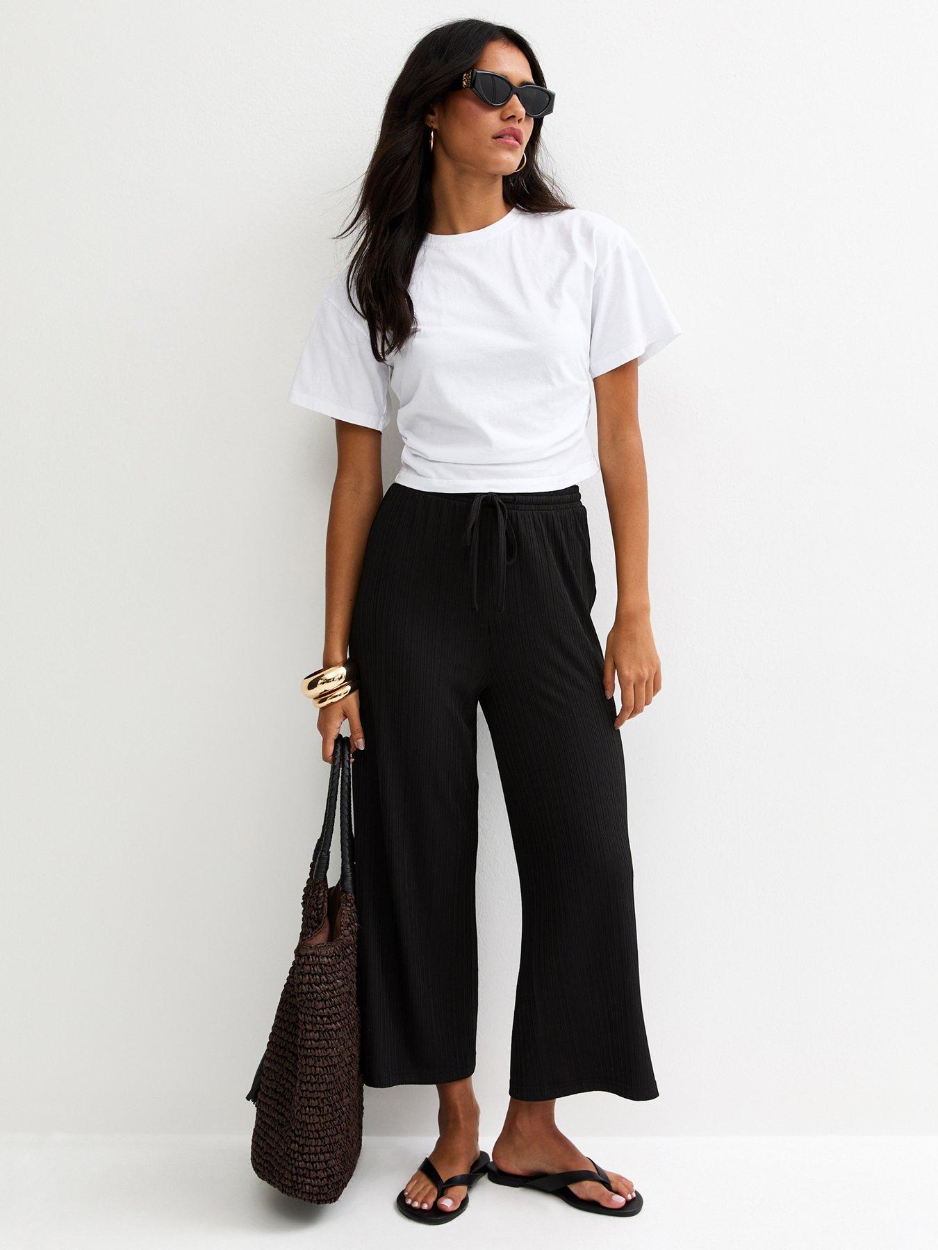 Image 3 of 5 of New Look Ribbed Cropped Wide Leg Trousers - Black