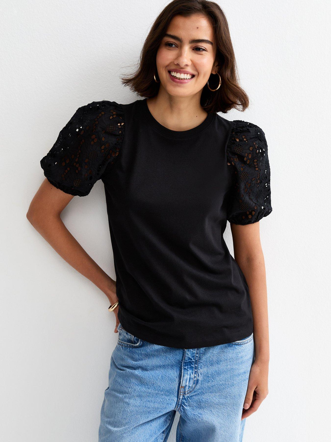 New Look Black Broderie Anglaise Puff Sleeve Top