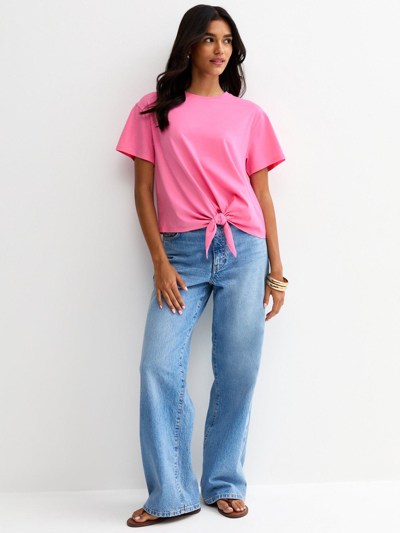Image 3 of 5 of New Look Tie Front T-Shirt - Bright Pink