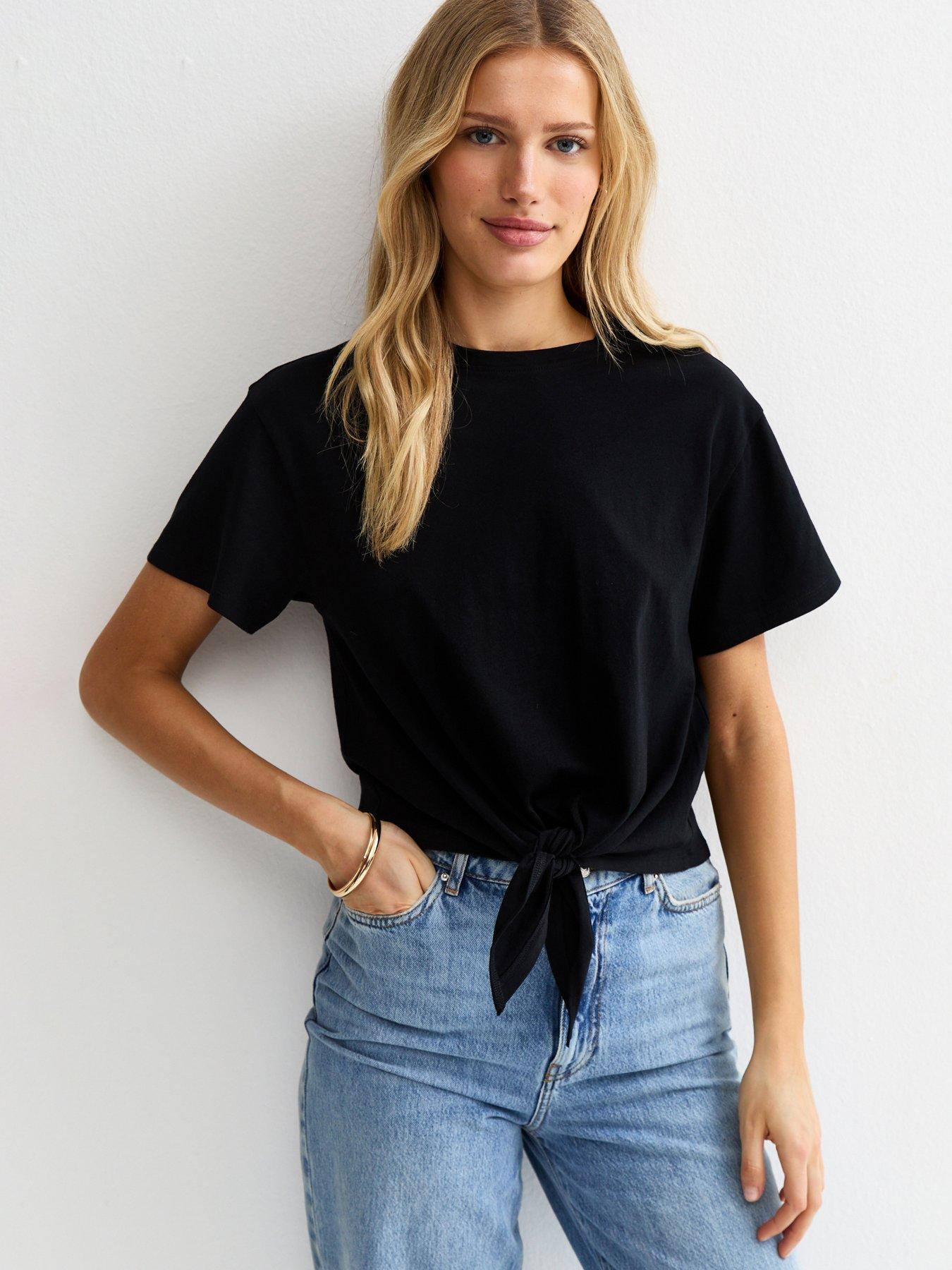 Image 1 of 5 of New Look Tie Front T-Shirt - Black