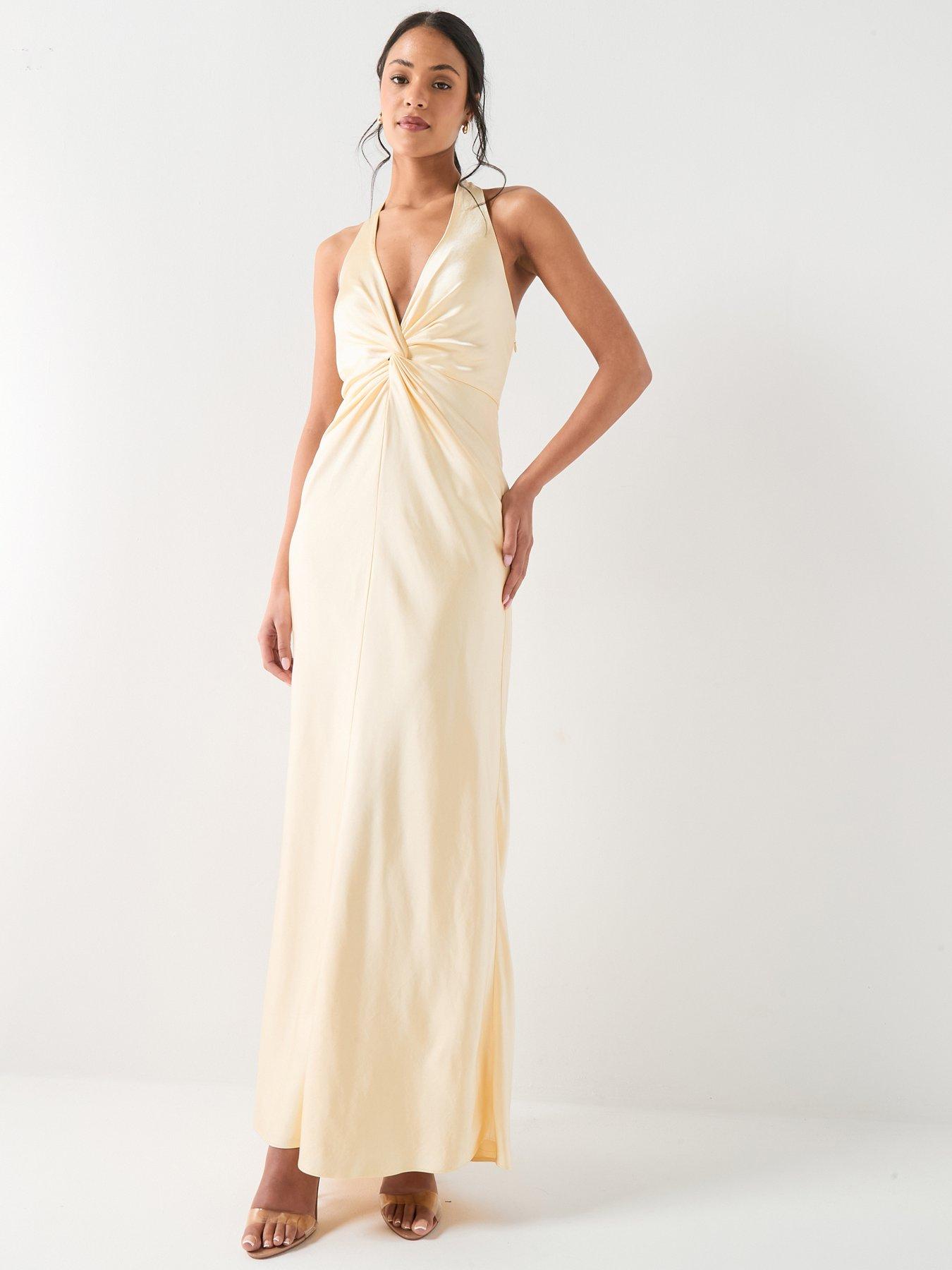 Six Stories: Plunge Knot Detail Satin Bridesmaid Dress - Lemon