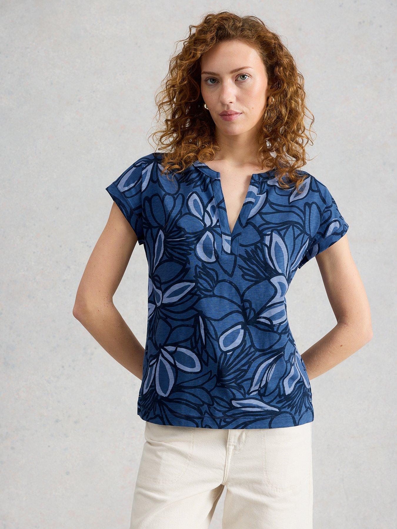 Image 1 of 6 of White Stuff Nina Notch Neck T-Shirt - Blue