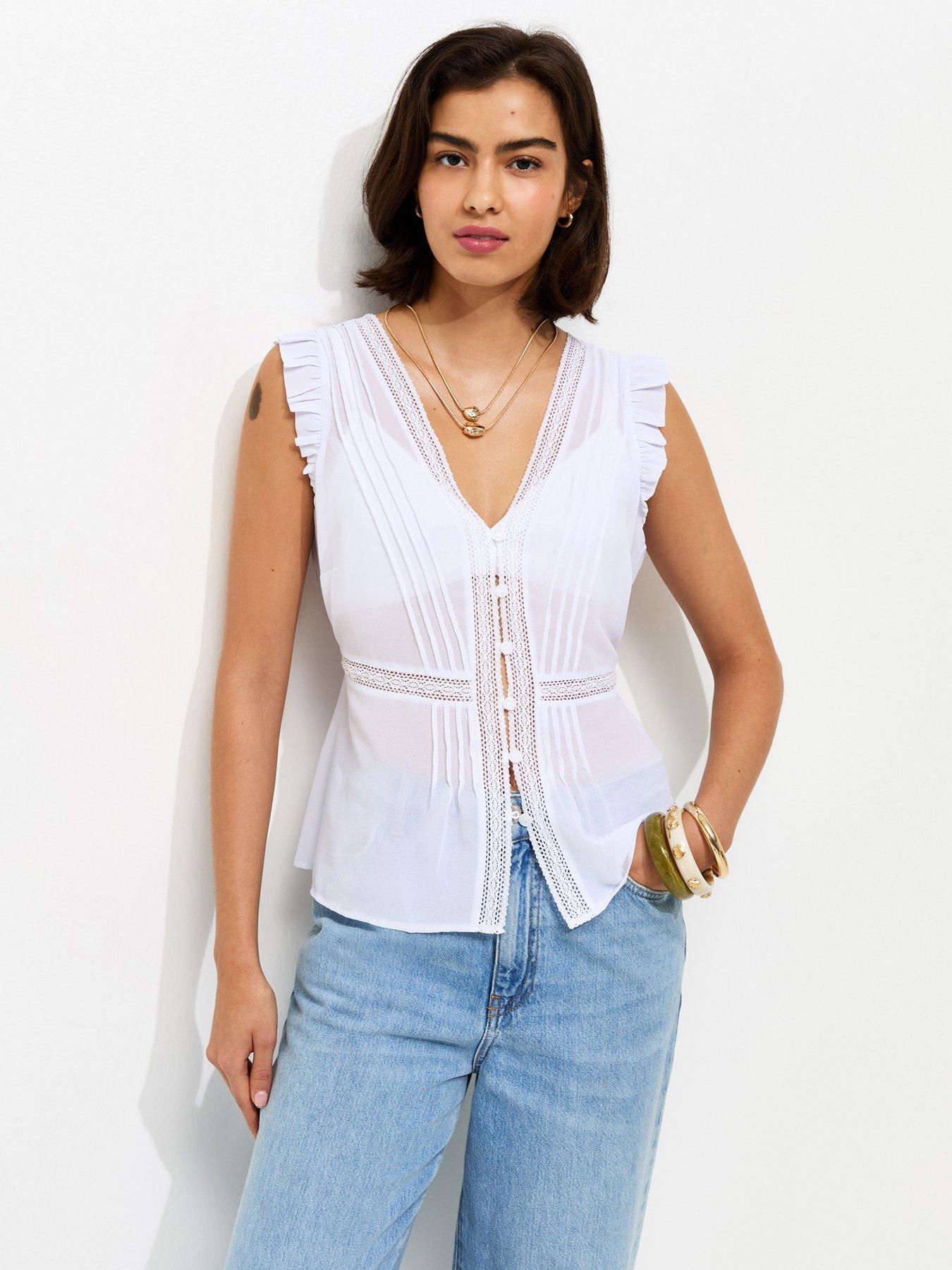 Image 1 of 5 of New Look Pintuck Lace Trim Semi-Sheer Top - Cream