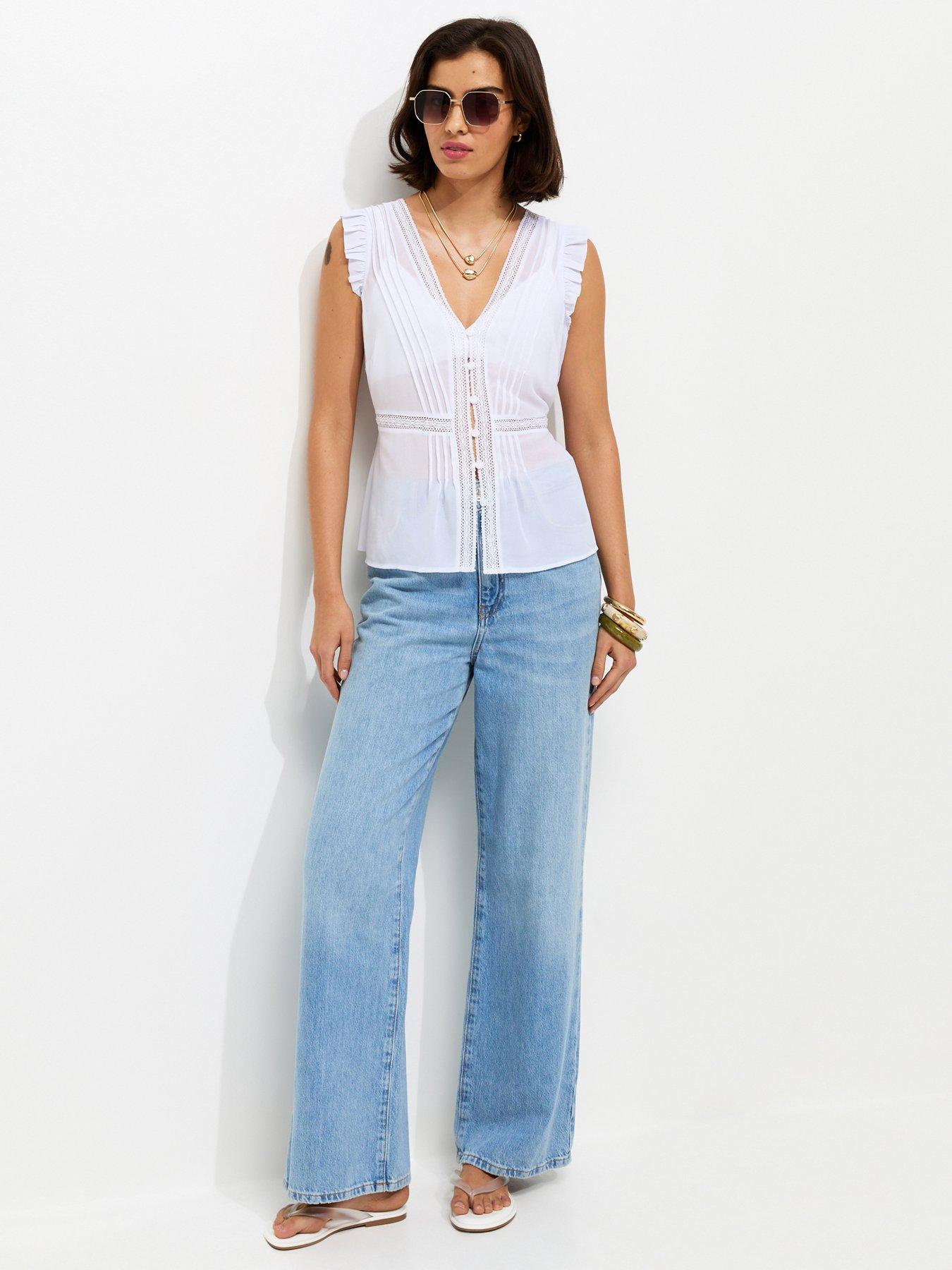 Image 3 of 5 of New Look Pintuck Lace Trim Semi-Sheer Top - Cream