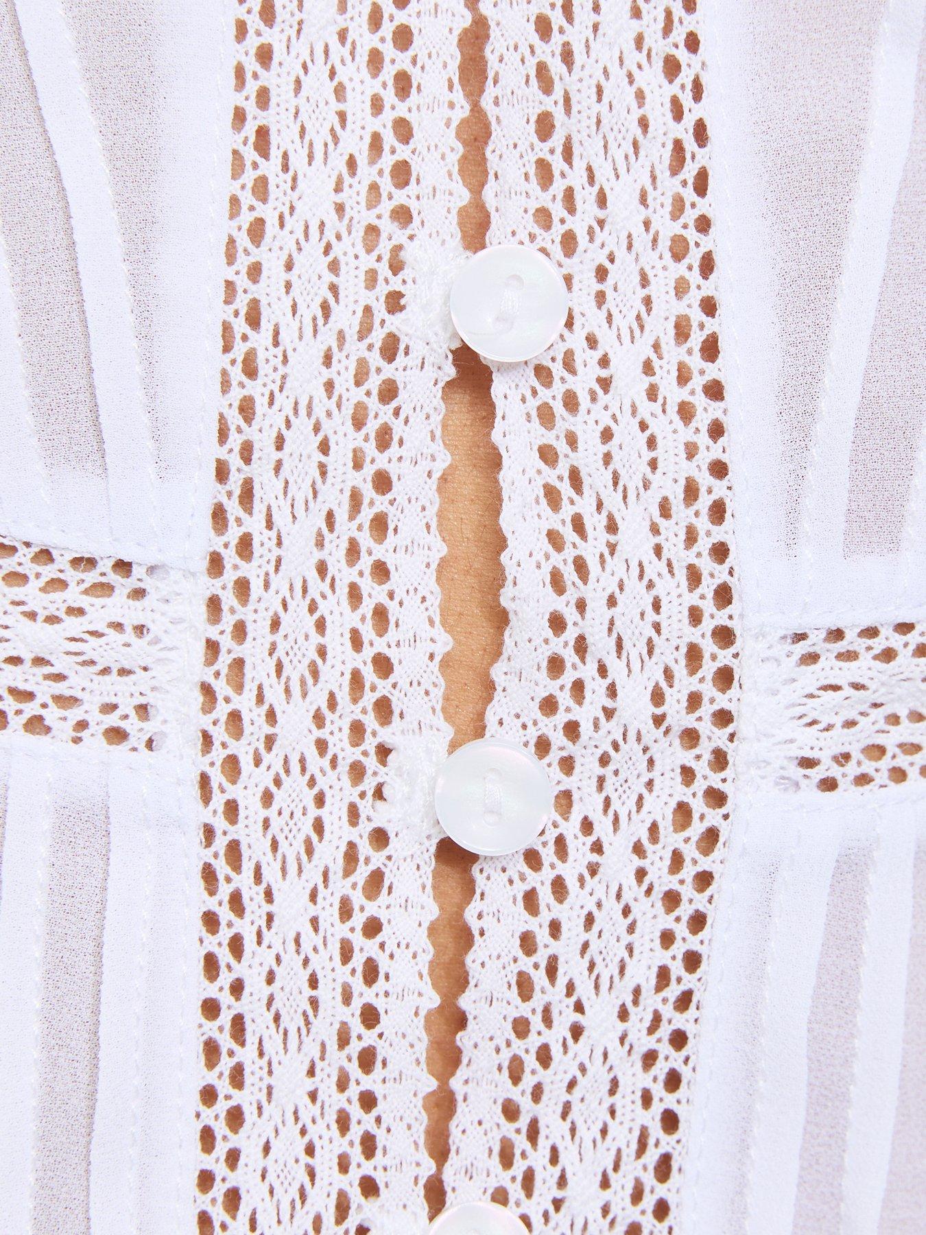 Image 5 of 5 of New Look Pintuck Lace Trim Semi-Sheer Top - Cream